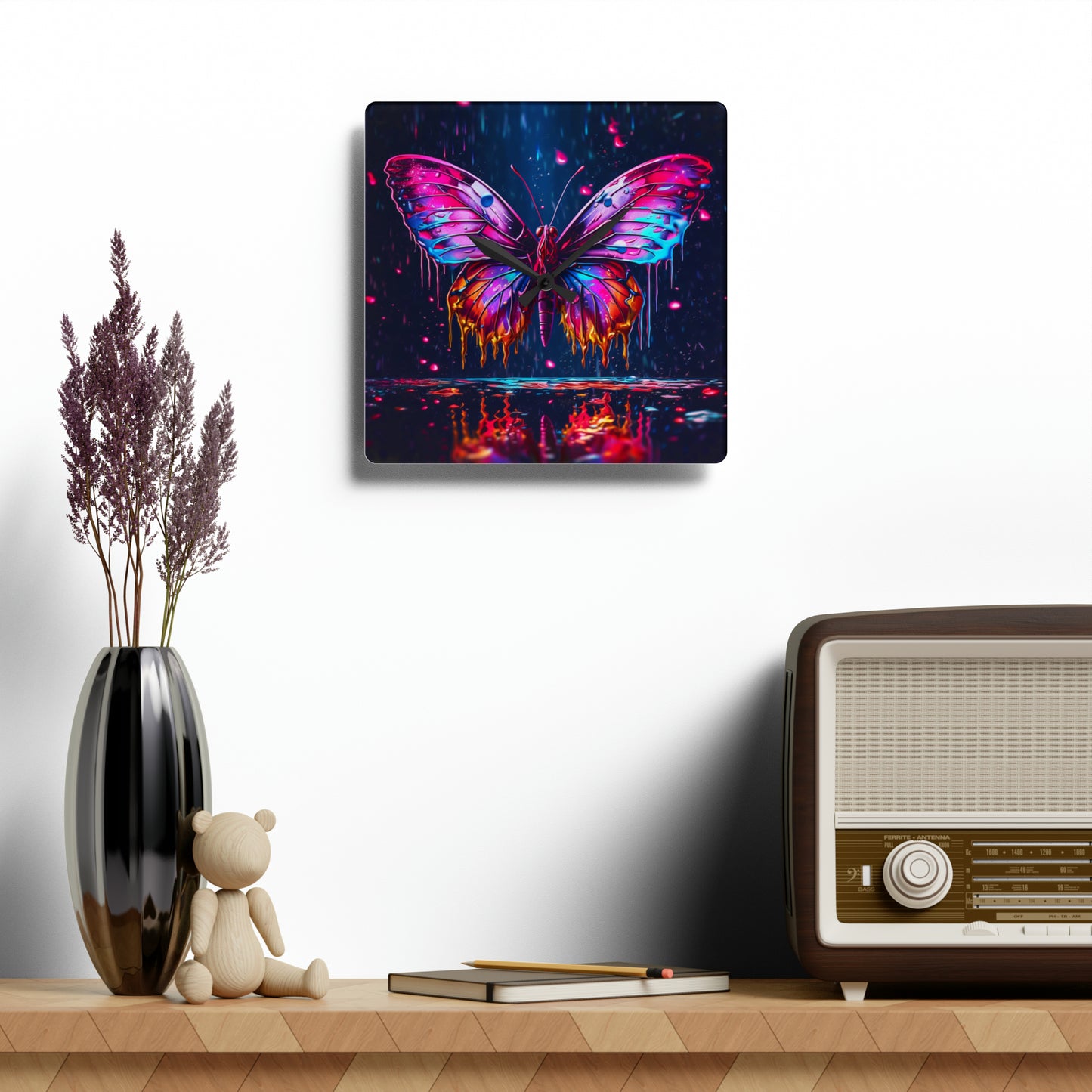 Acrylic Wall Clock Pink Butterfly Flair 2