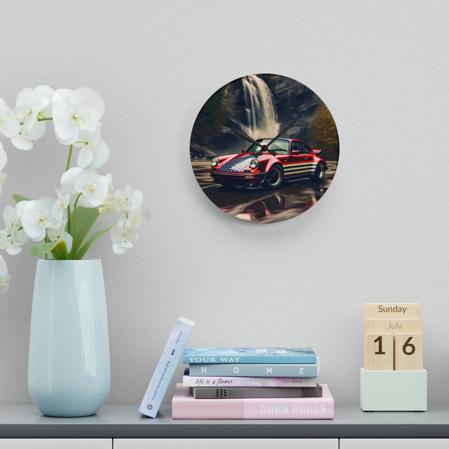 Acrylic Wall Clock American Flag Porsche Abstract 1