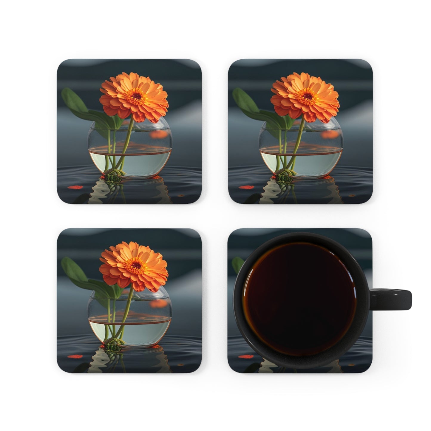 Corkwood Coaster Set Orange Zinnia 2