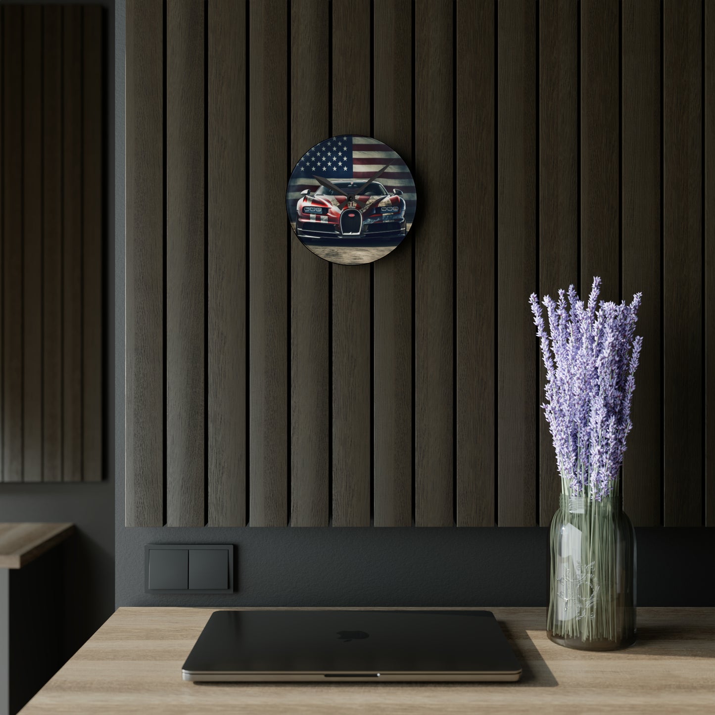 Acrylic Wall Clock American Flag Background Bugatti 3