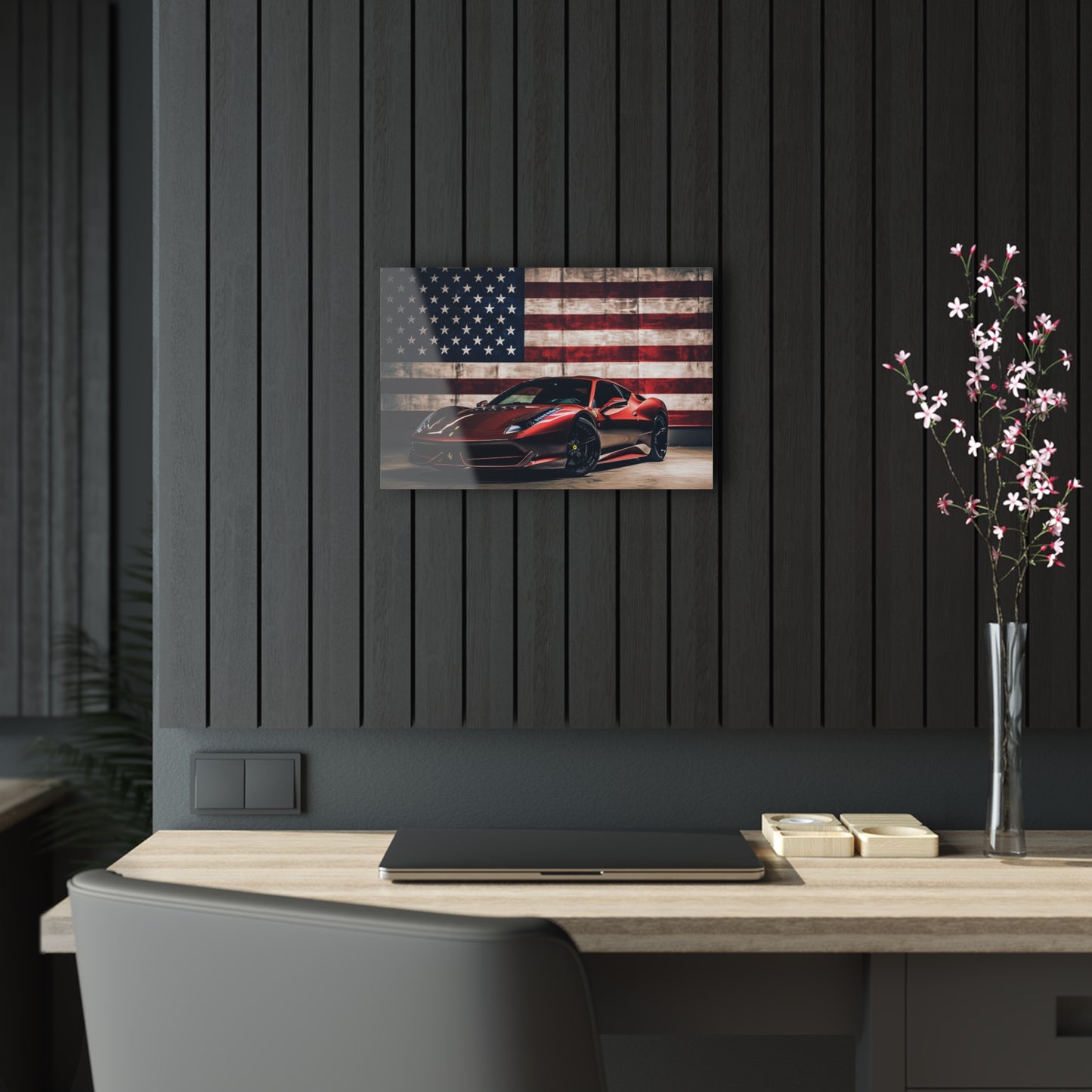 Acrylic Prints American Flag Background Ferrari 4