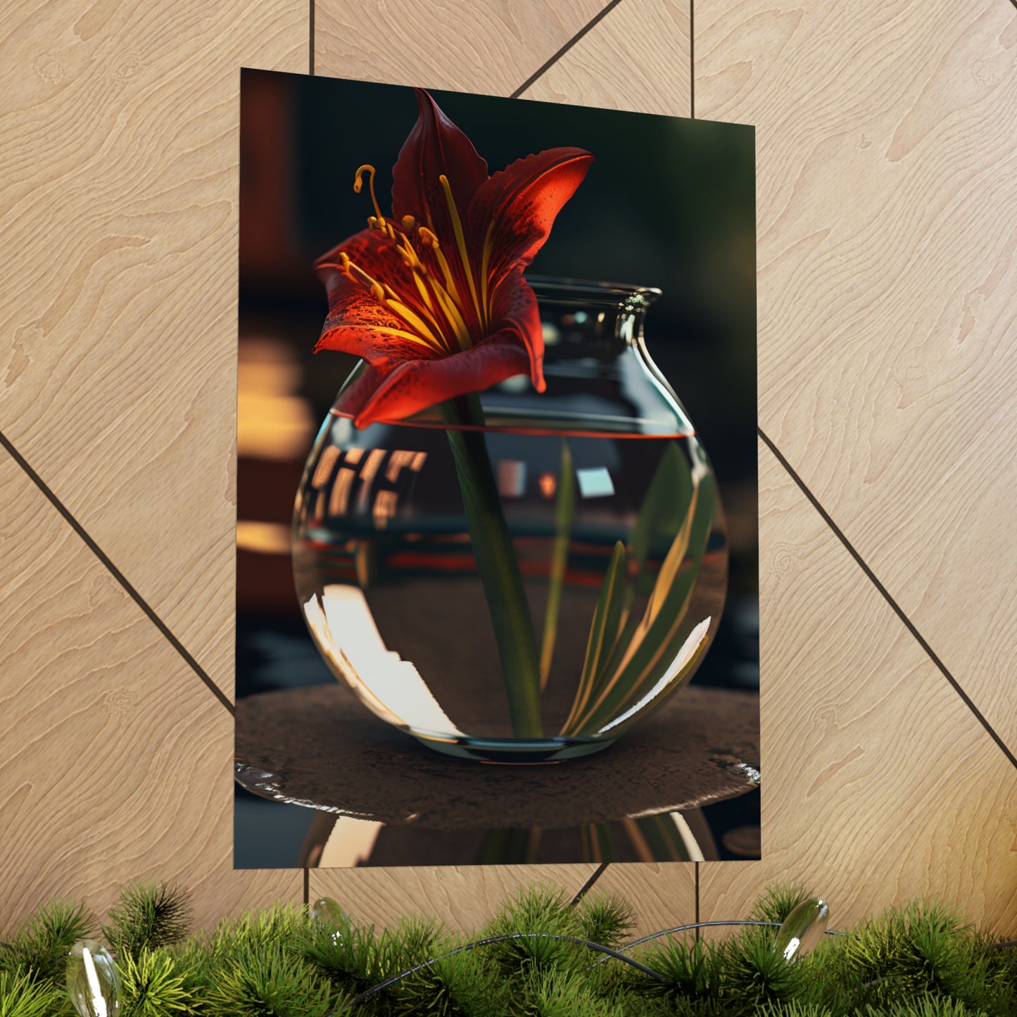 Premium Matte Vertical Posters Red Lily in a Glass vase 2