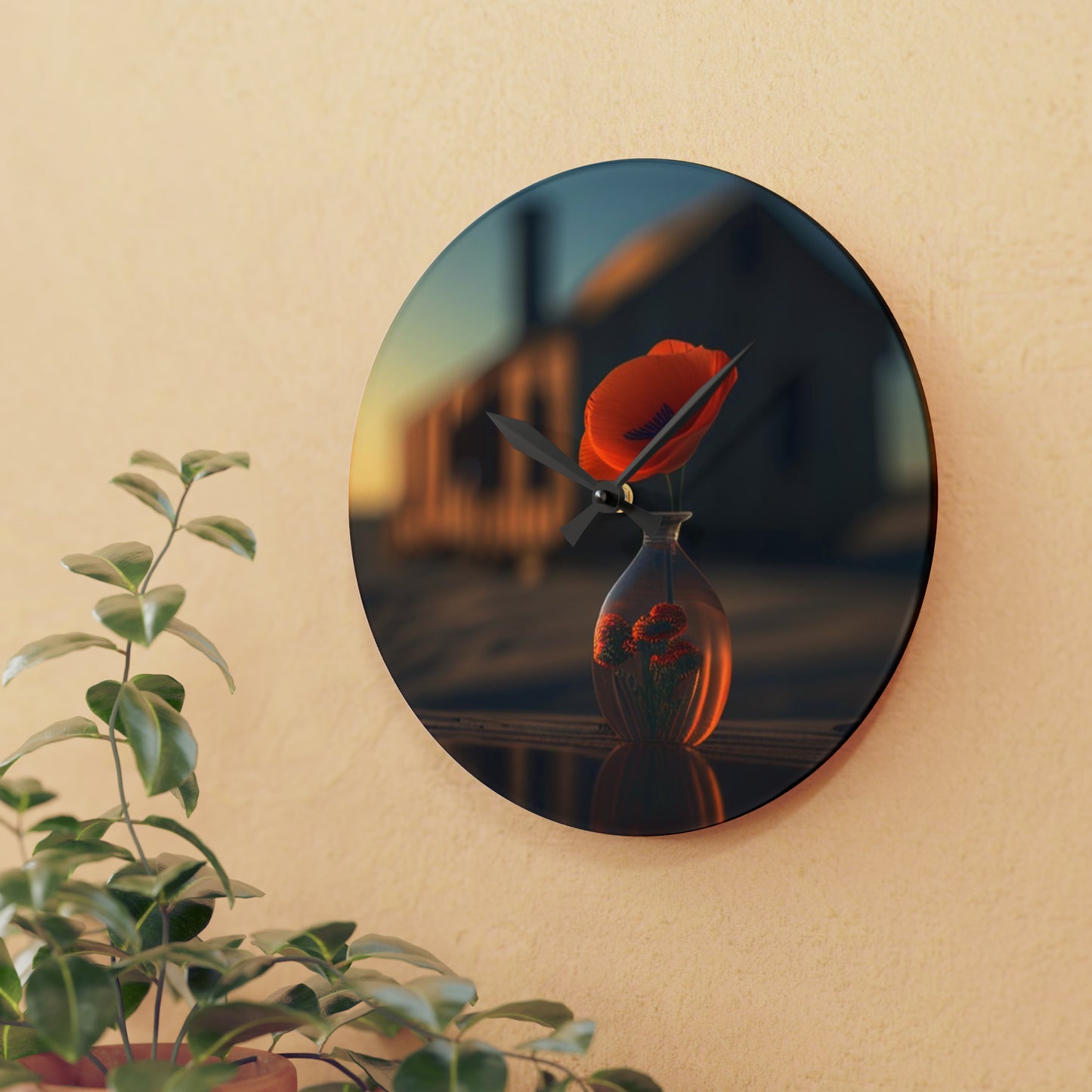 Acrylic Wall Clock Orange Poppy in a Vase 3