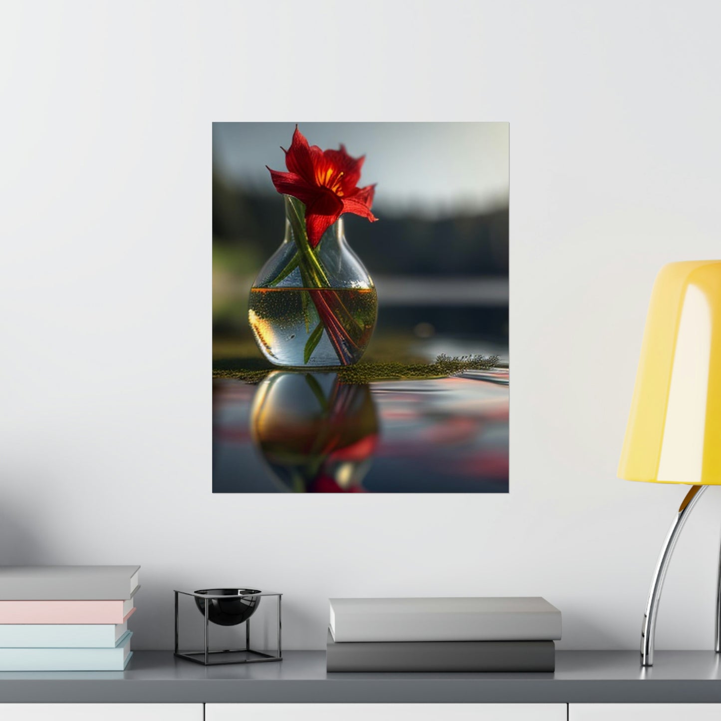 Premium Matte Vertical Posters Red Lily in a Glass vase 3