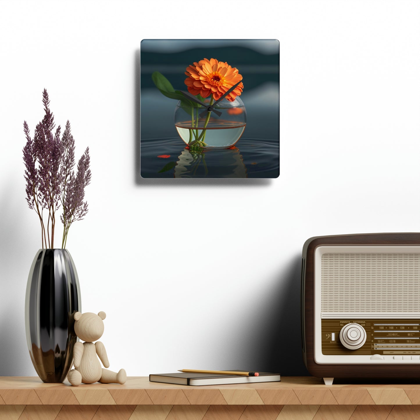 Acrylic Wall Clock Orange Zinnia 2