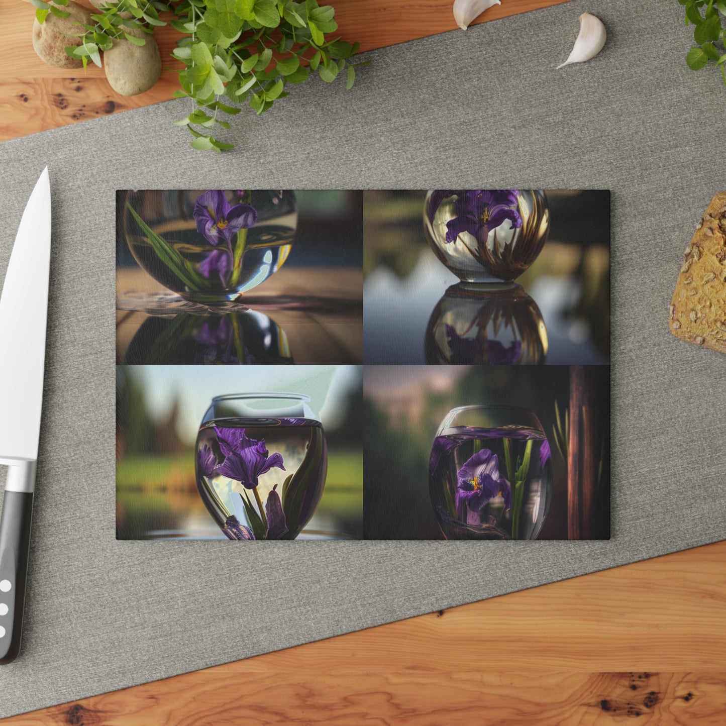 Glass Cutting Board Purple Iris in a vase 5