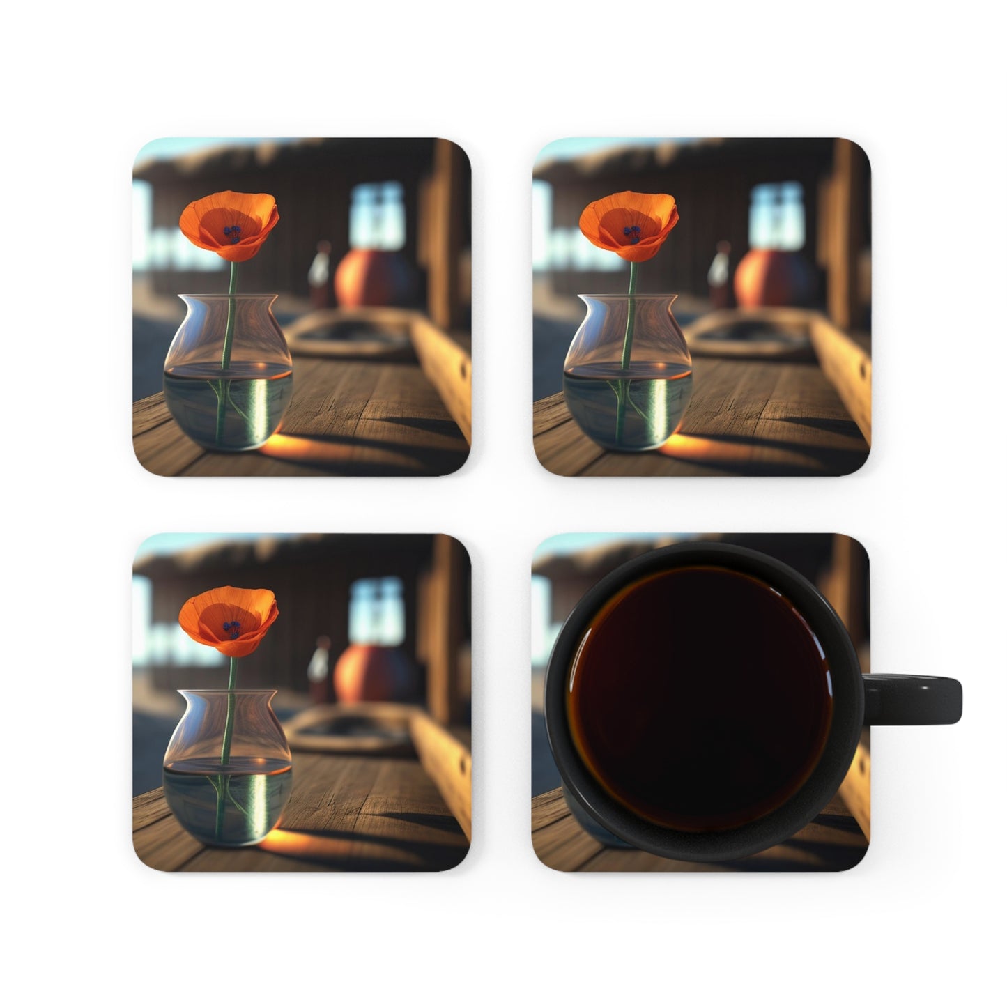 Corkwood Coaster Set Poppy in a Glass Vase 2