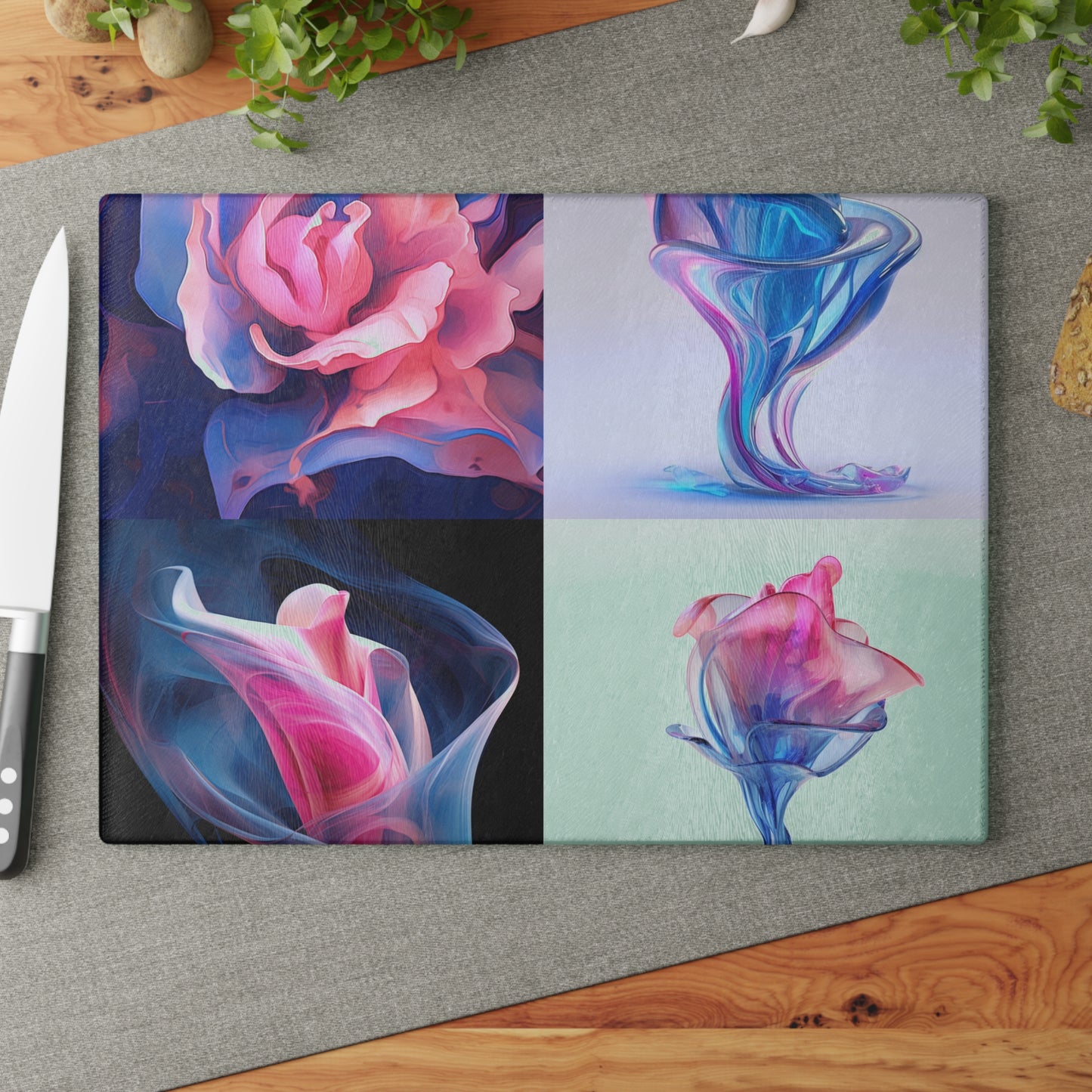 Glass Cutting Board Pink & Blue Tulip Rose 5