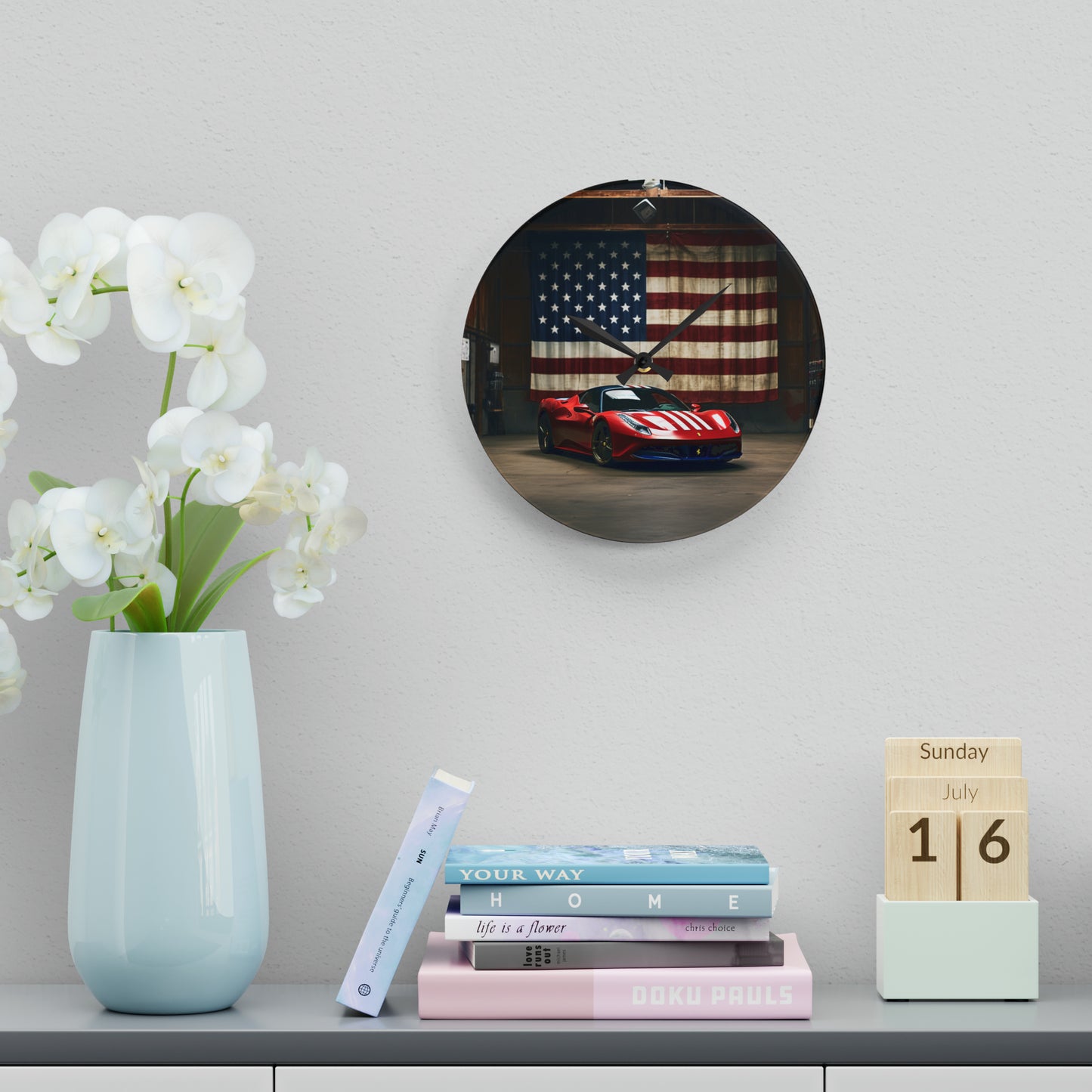 Acrylic Wall Clock American Flag Farrari 4