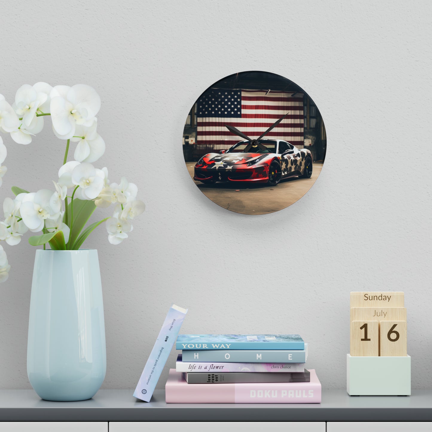 Acrylic Wall Clock American Flag Farrari 1