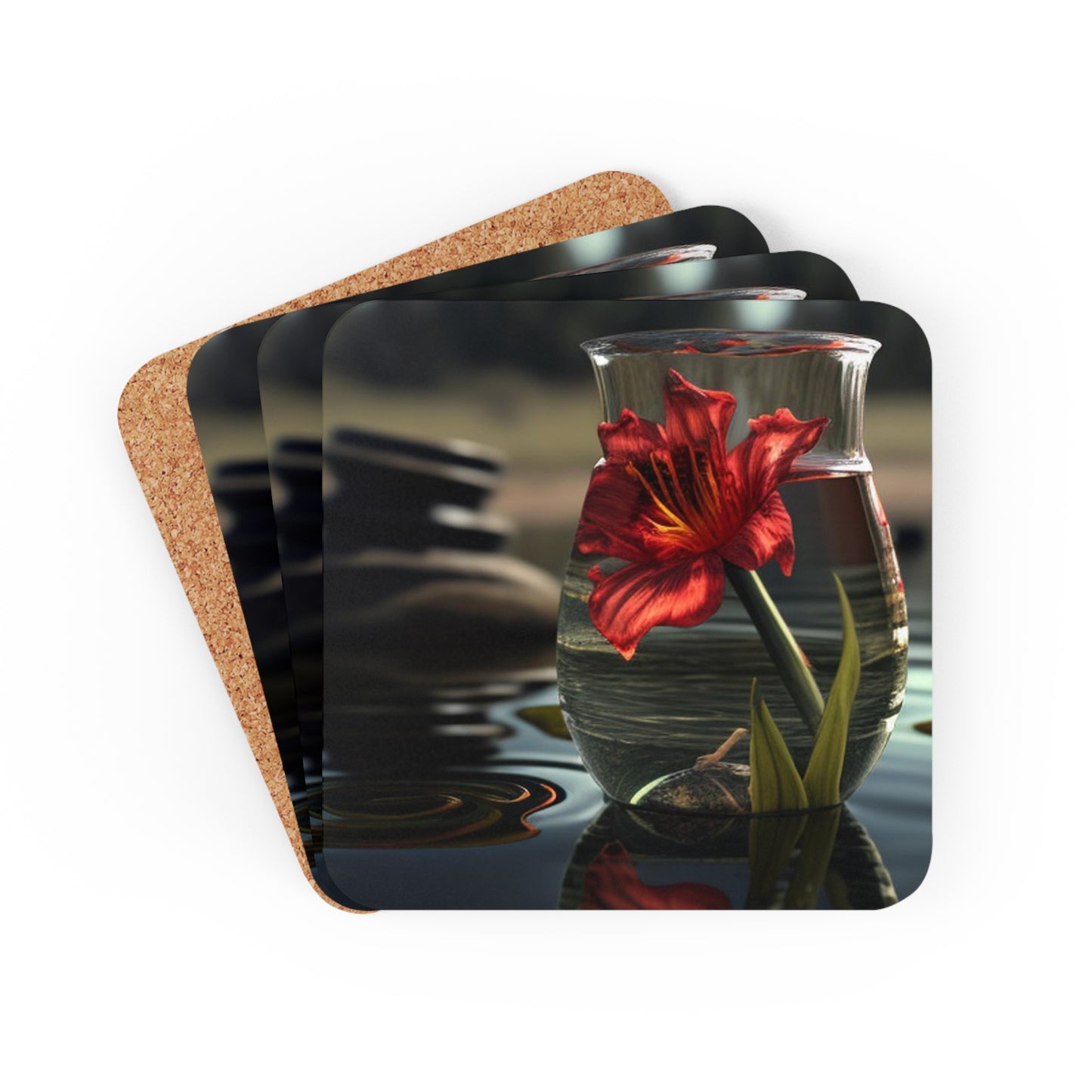 Corkwood Coaster Set Red Lily in a Glass vase 4