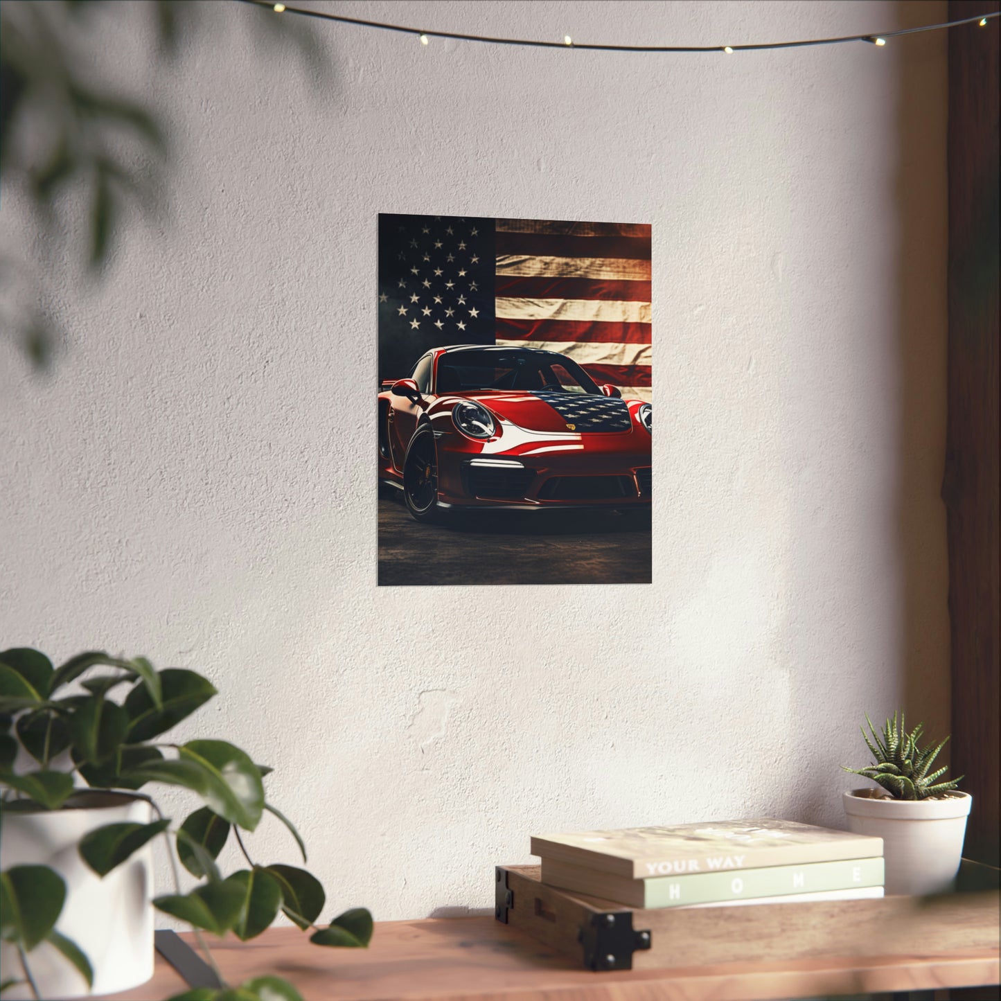 Premium Matte Vertical Posters American Flag Background Porsche 2