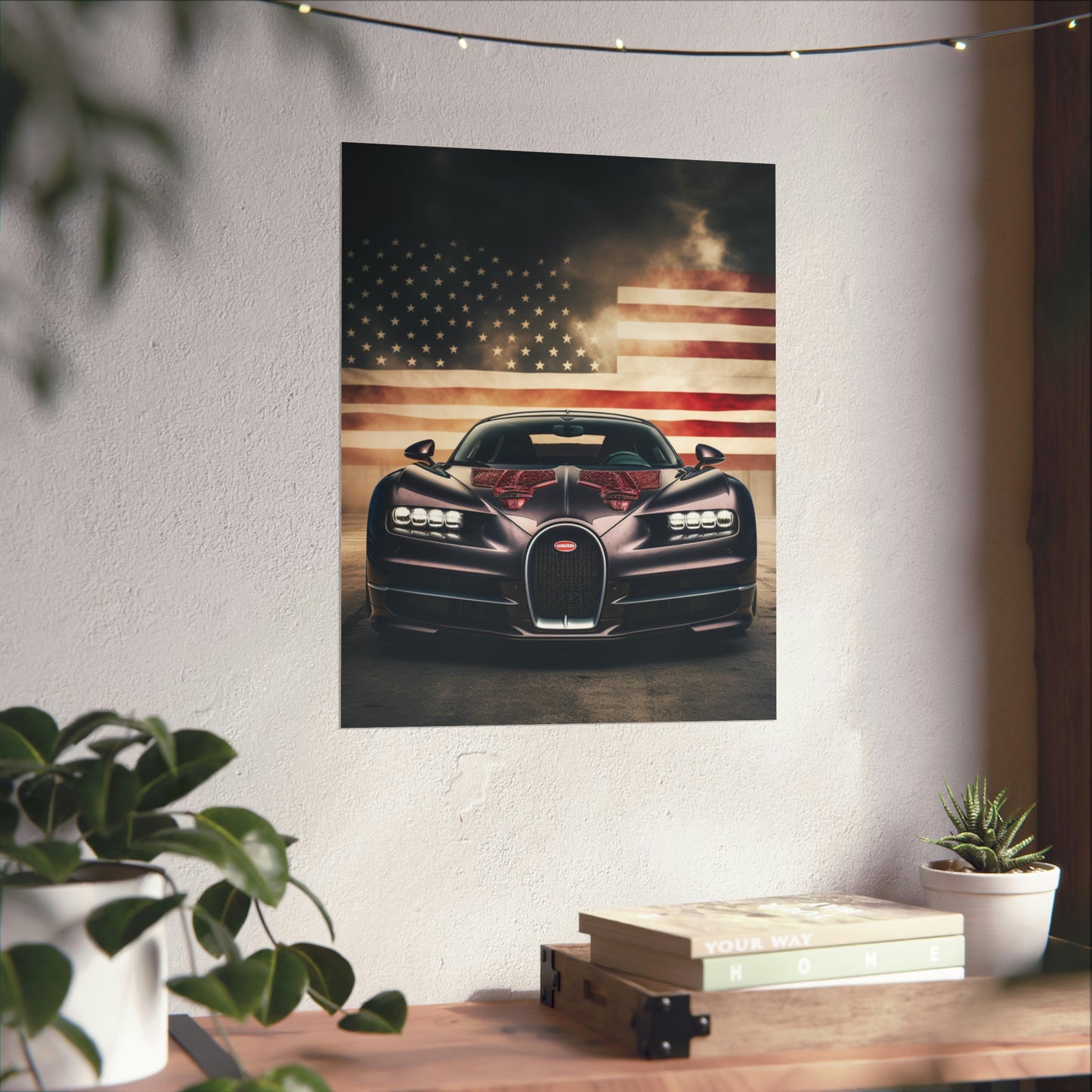 Premium Matte Vertical Posters American Flag Background Bugatti 2