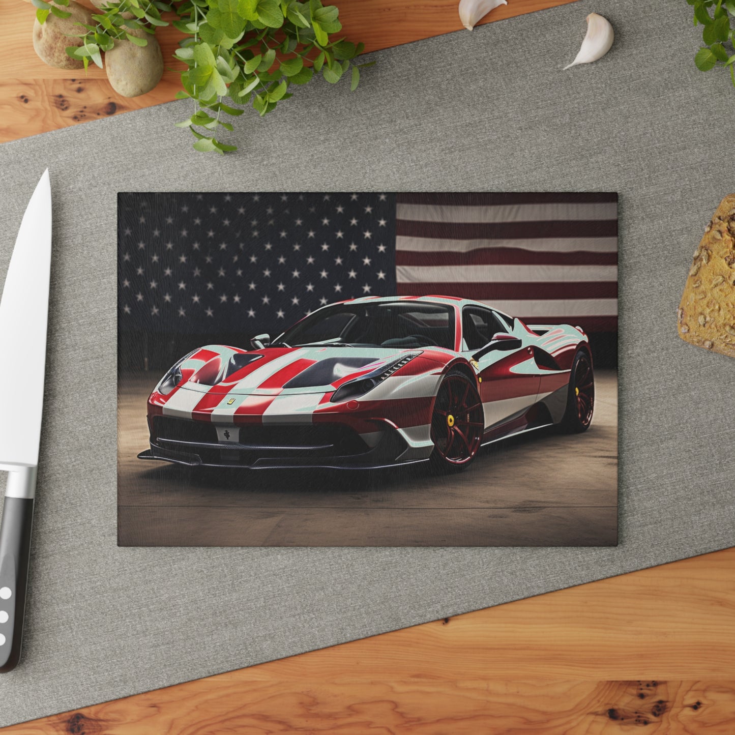 Glass Cutting Board American Flag Background Ferrari 2