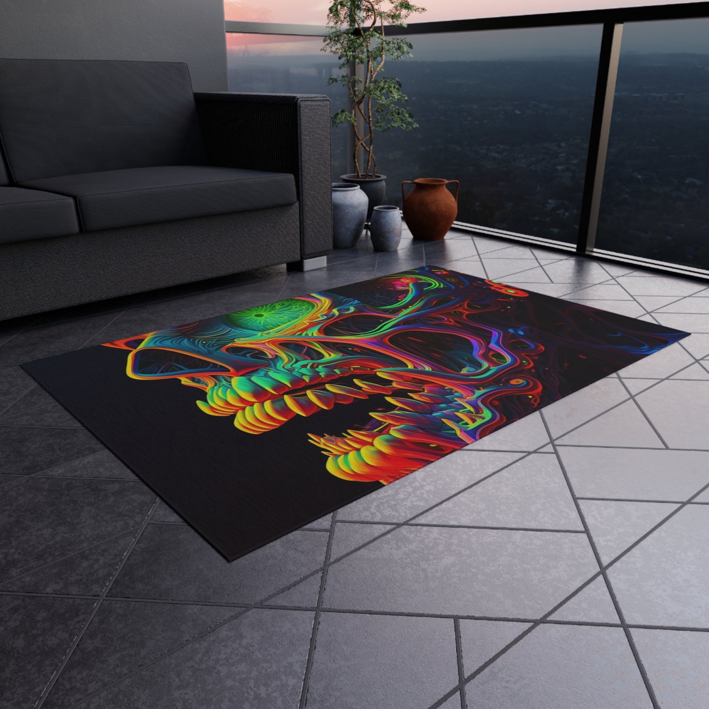 Outdoor Rug  Florescent Skull Death 1