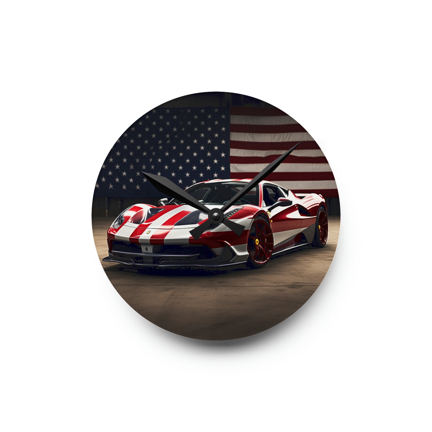 Acrylic Wall Clock American Flag Background Ferrari 2