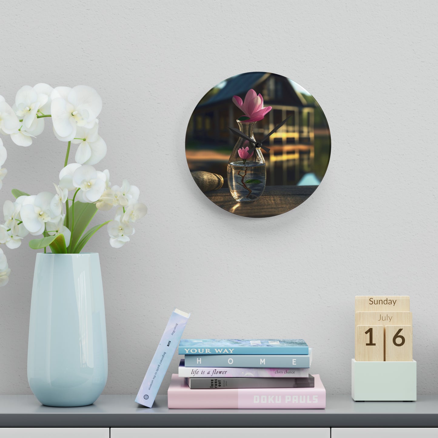 Acrylic Wall Clock Magnolia in a Glass vase 4