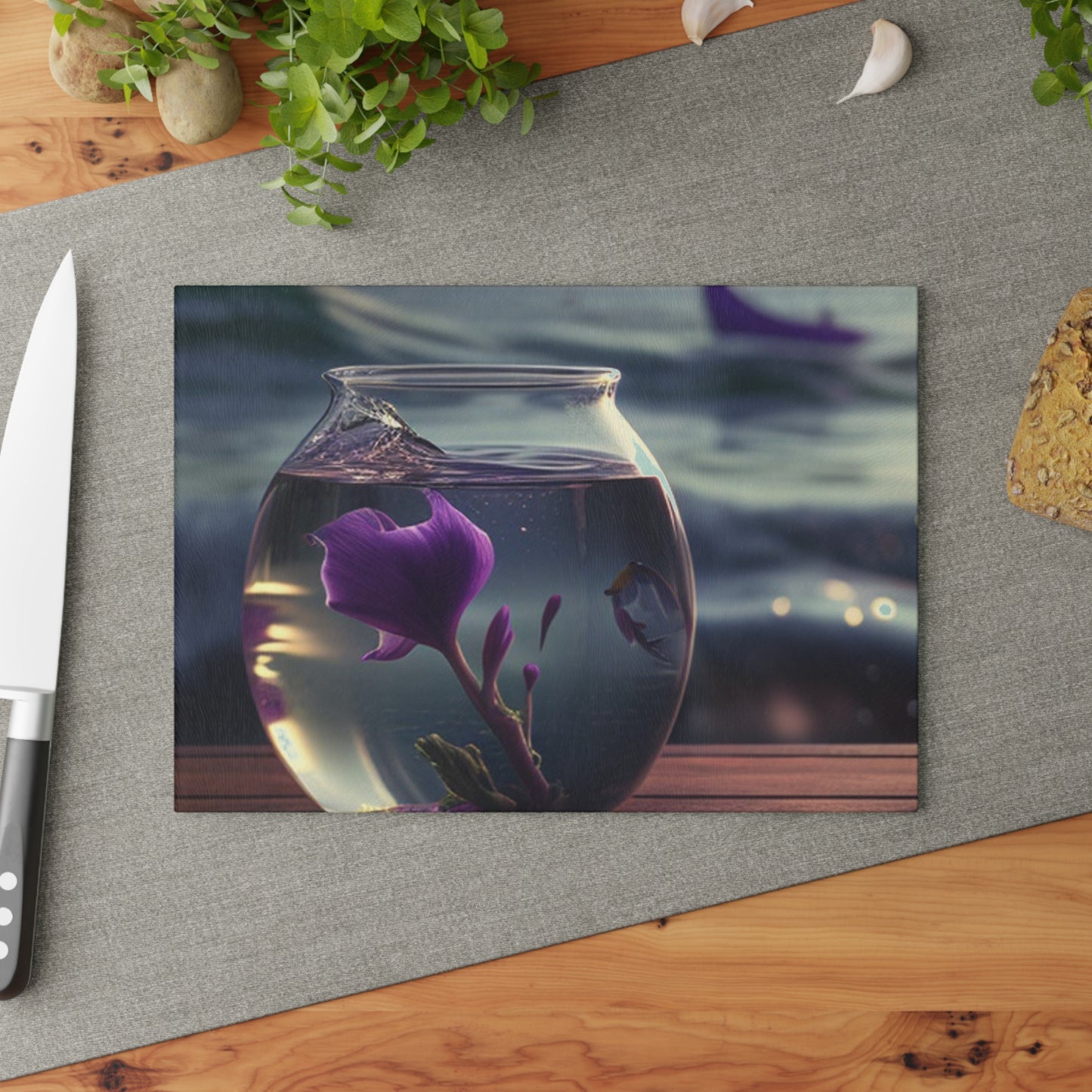 Glass Cutting Board Purple Sweet pea in a vase 1