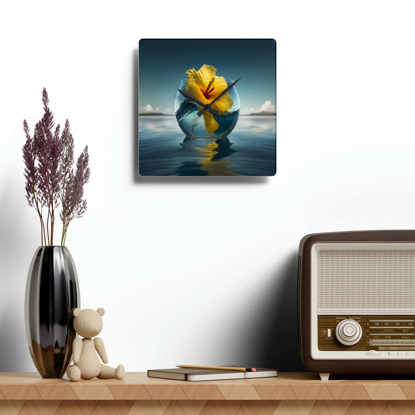 Acrylic Wall Clock Yellow Hibiscus glass 4