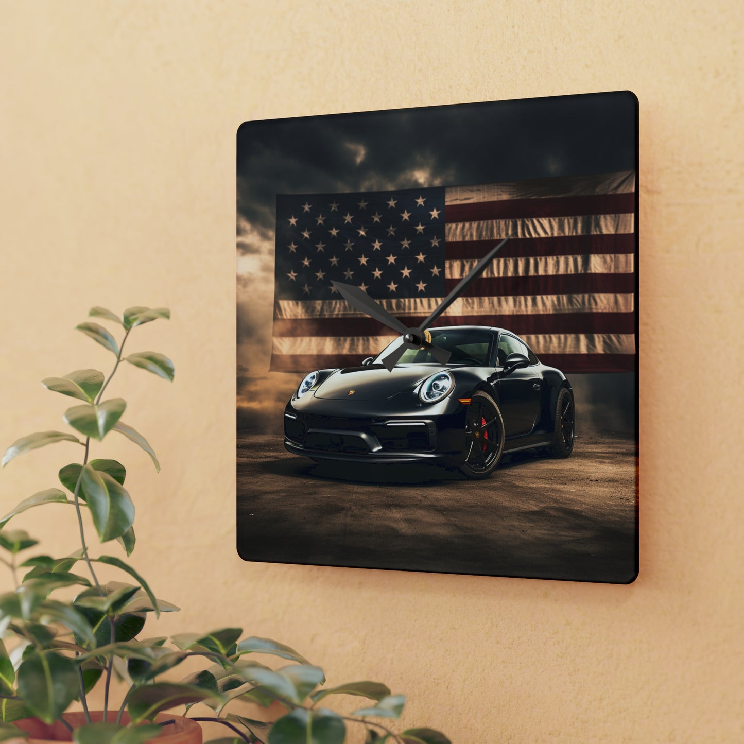 Acrylic Wall Clock American Flag Background Porsche 4