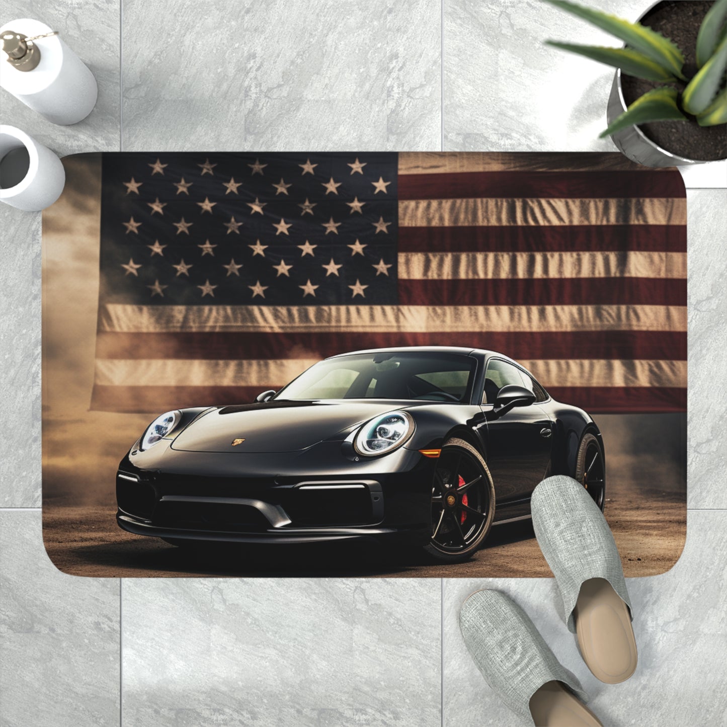 Memory Foam Bath Mat American Flag Background Porsche 4