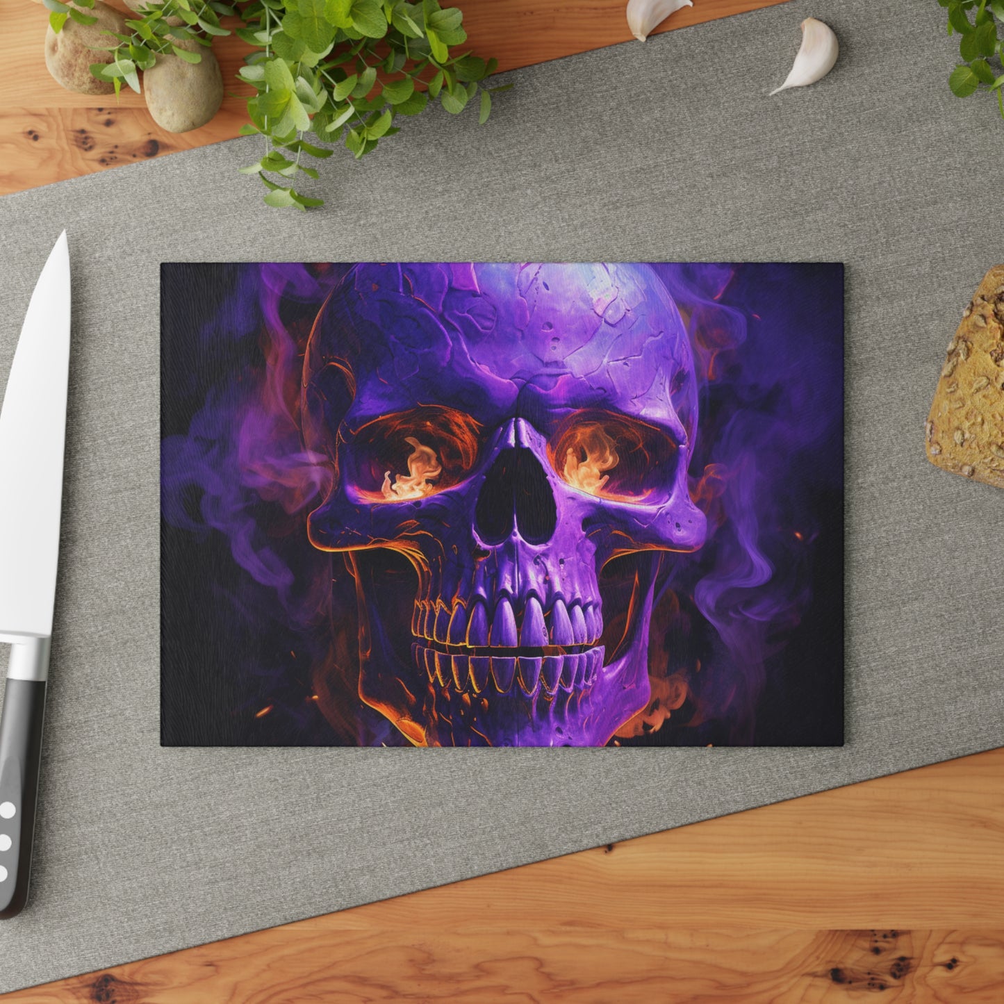 Glass Cutting Board Skull Flames 1