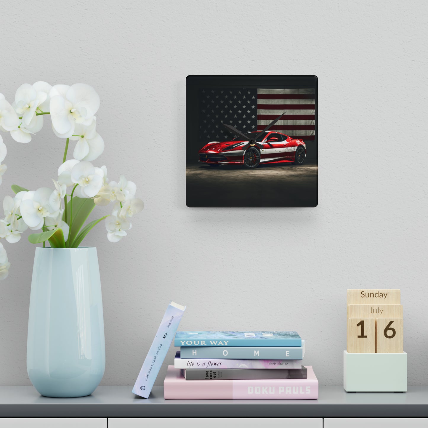 Acrylic Wall Clock American Flag Background Ferrari 1