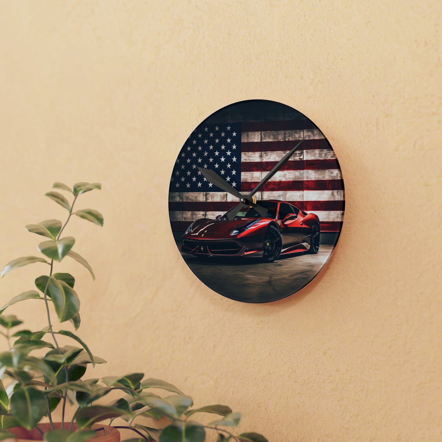 Acrylic Wall Clock American Flag Background Ferrari 4