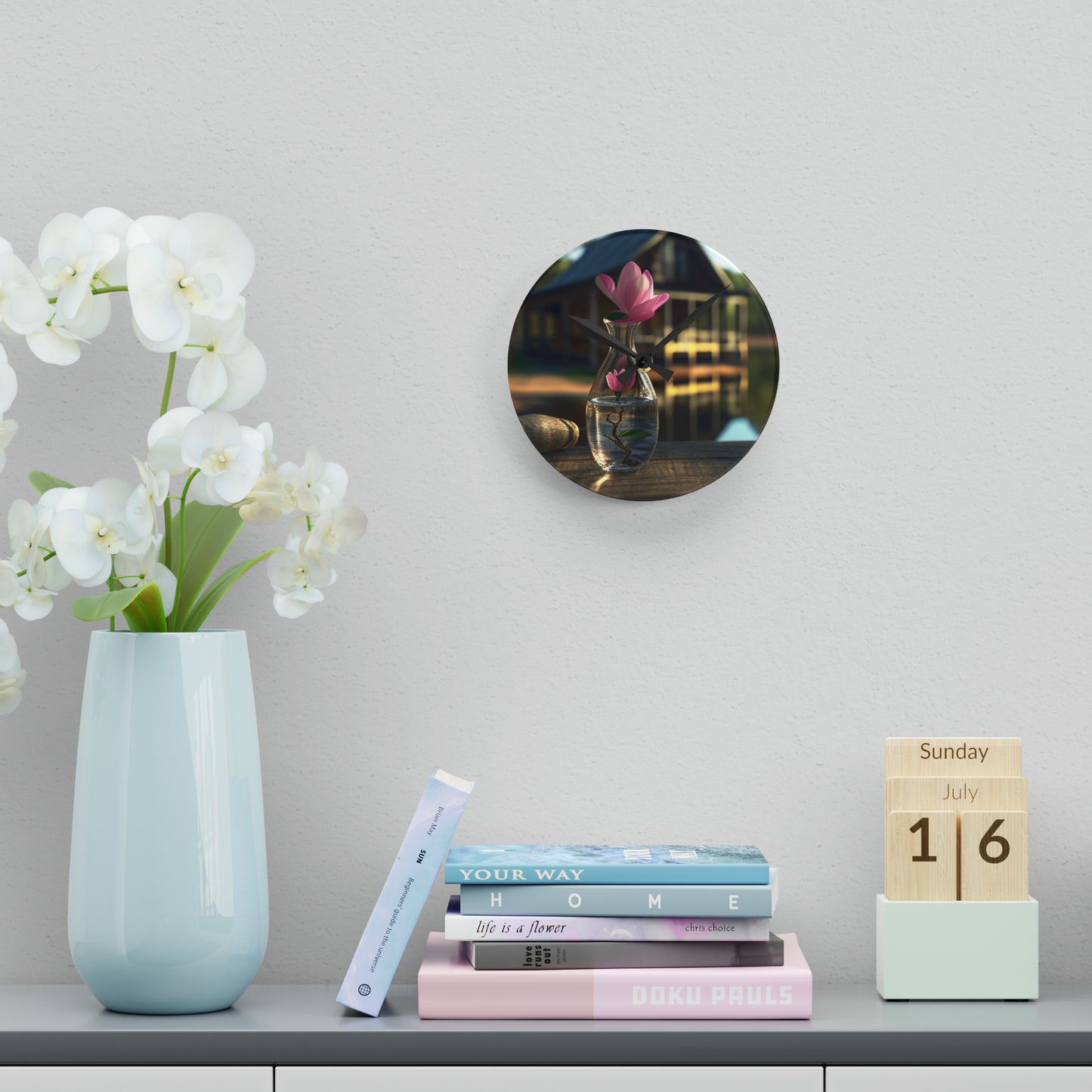 Acrylic Wall Clock Magnolia in a Glass vase 4