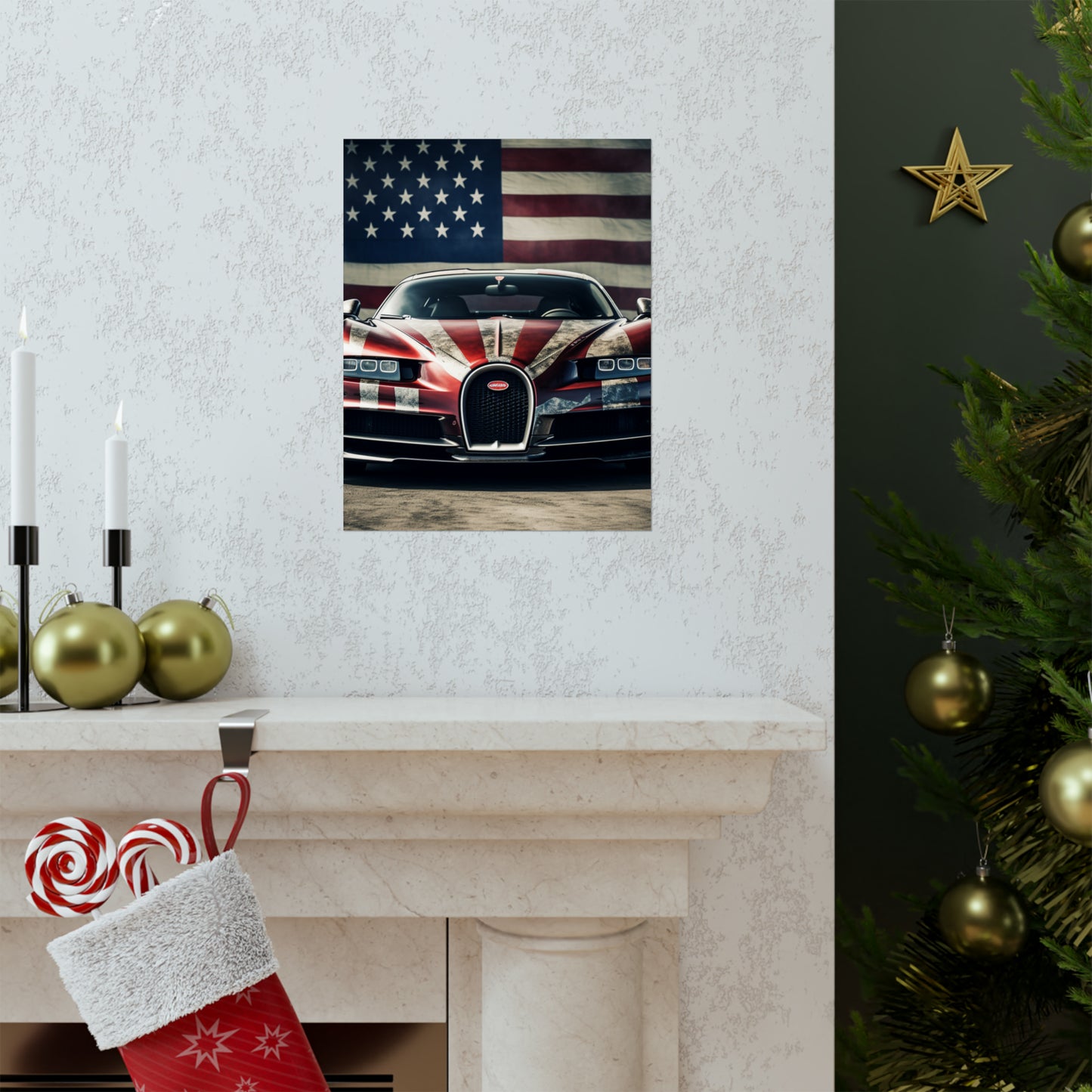 Premium Matte Vertical Posters American Flag Background Bugatti 3