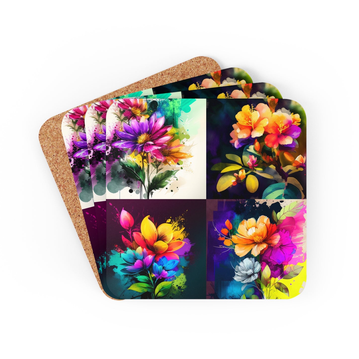 Corkwood Coaster Set Bright Spring Flowers 5