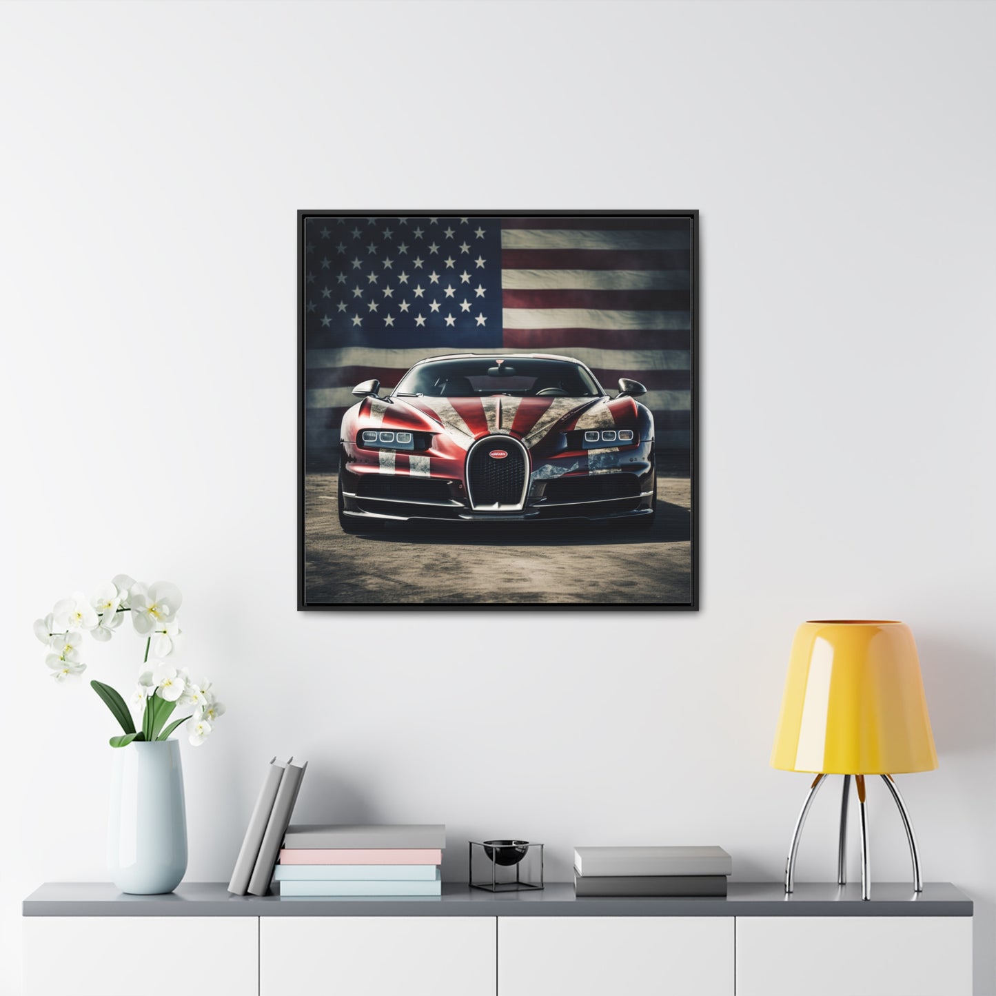 Gallery Canvas Wraps, Square Frame American Flag Background Bugatti 3