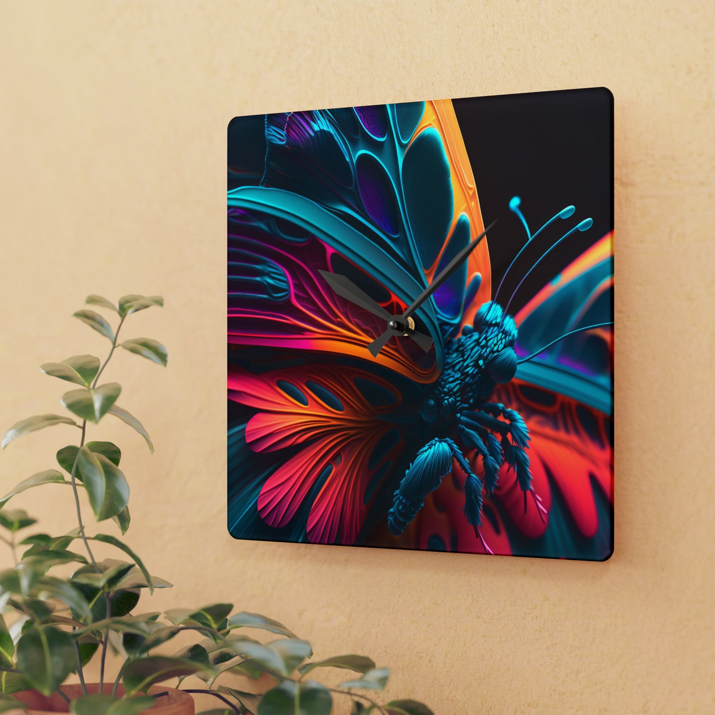 Acrylic Wall Clock Neon Butterfly Macro 4