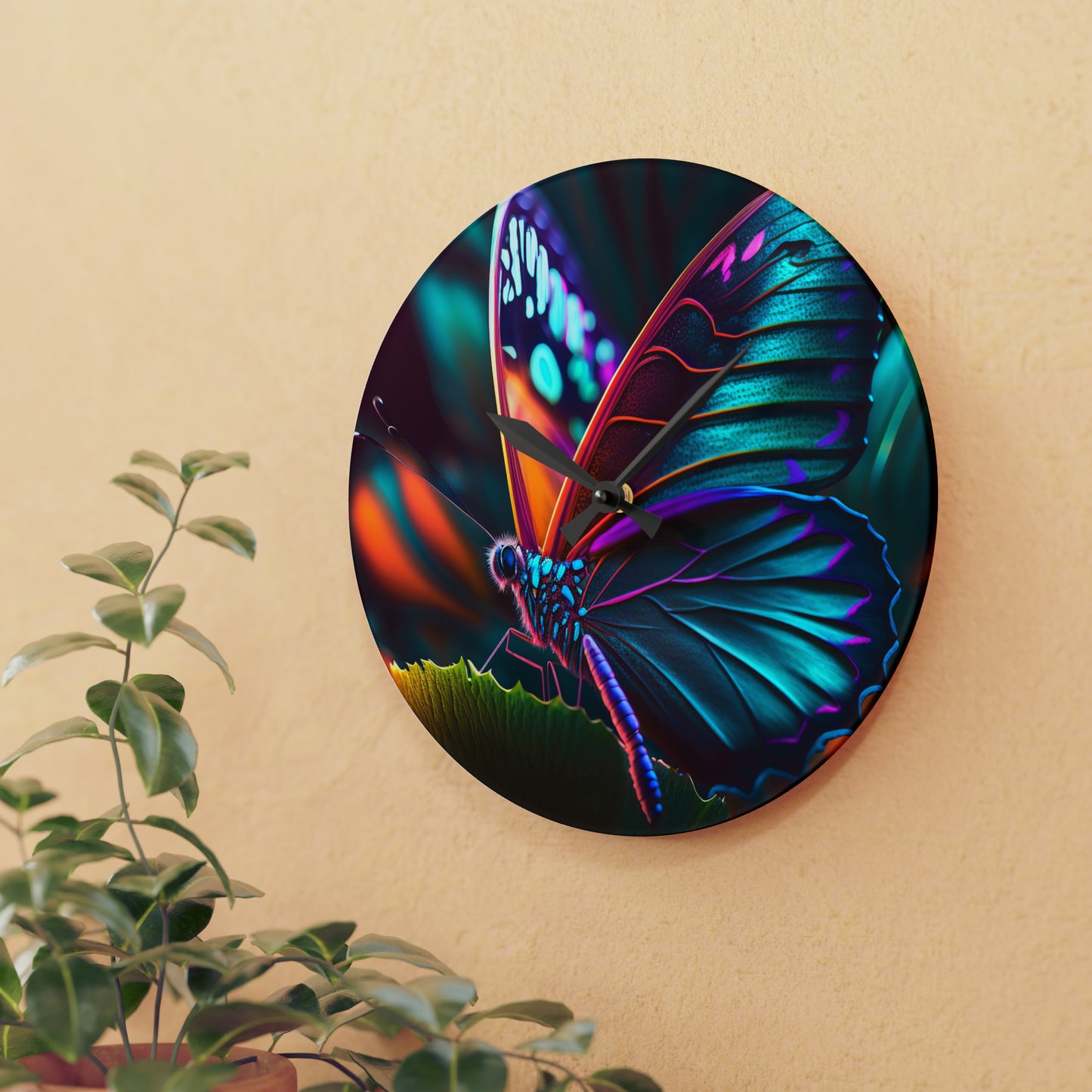 Acrylic Wall Clock Neon Butterfly Macro 1