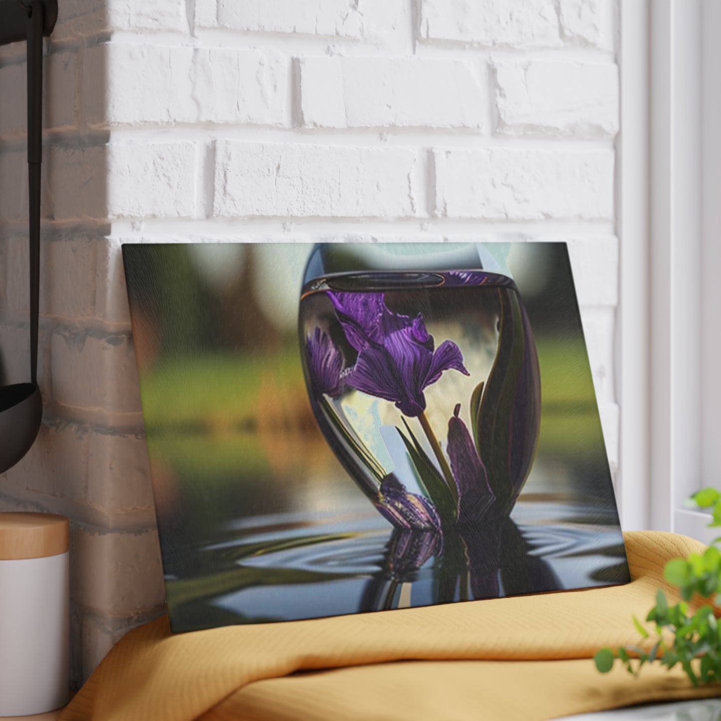 Glass Cutting Board Purple Iris in a vase 3