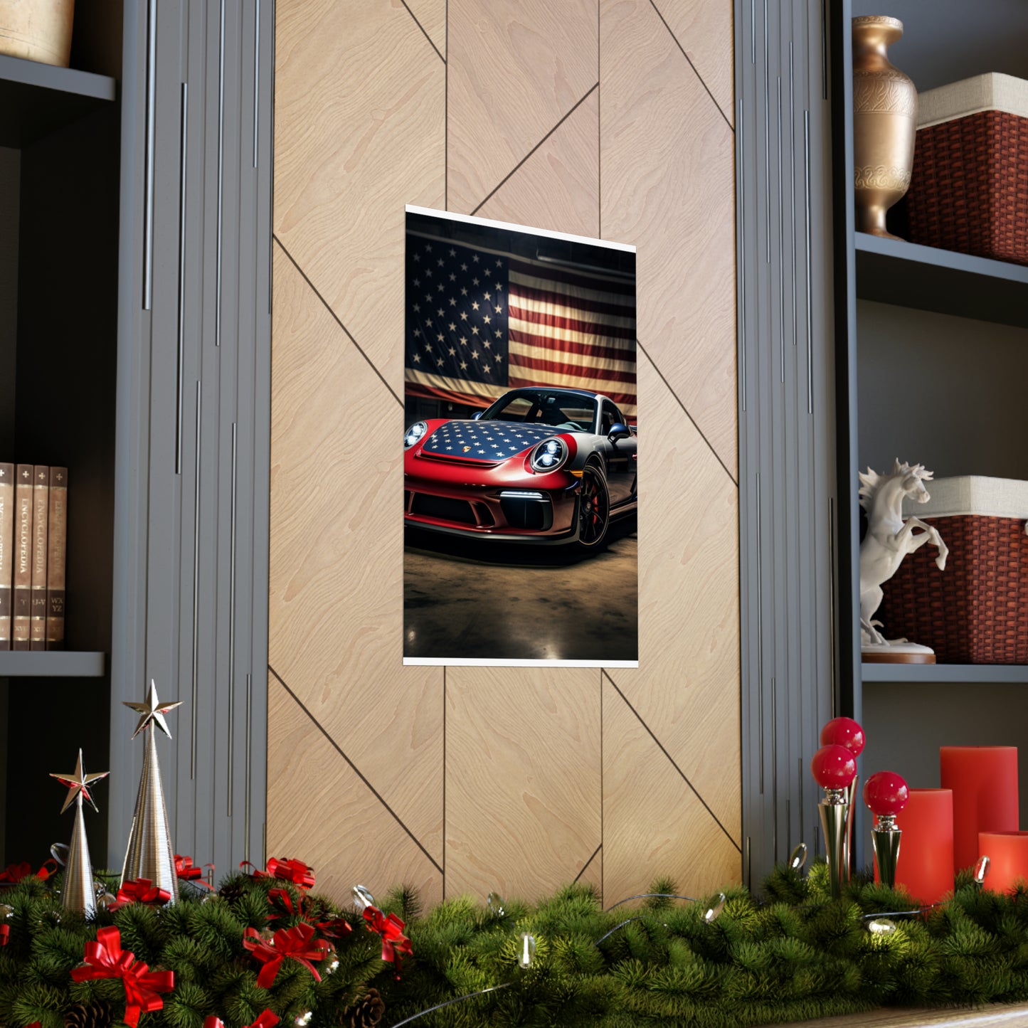 Premium Matte Vertical Posters American Flag Background Porsche 1