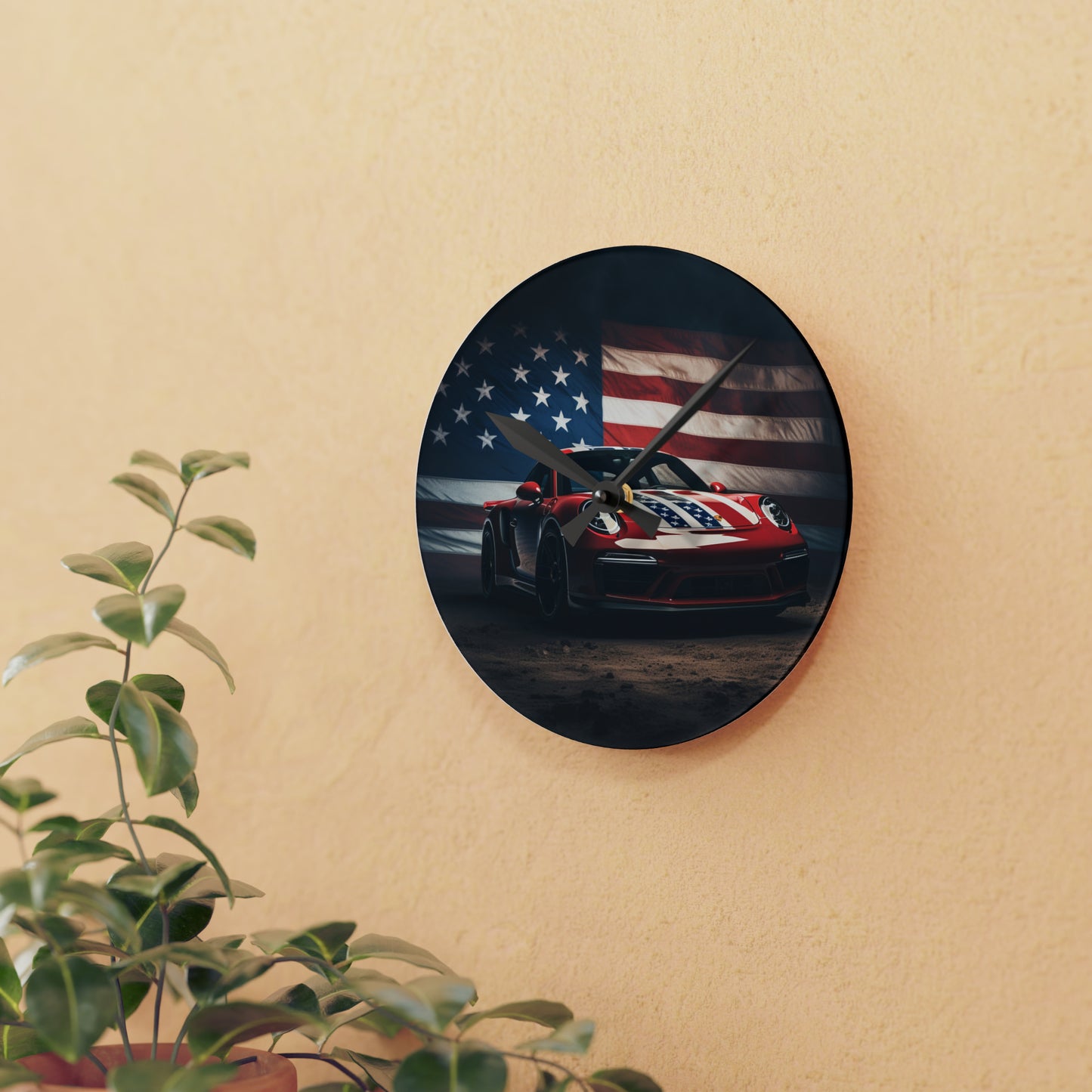 Acrylic Wall Clock American Flag Background Porsche 3