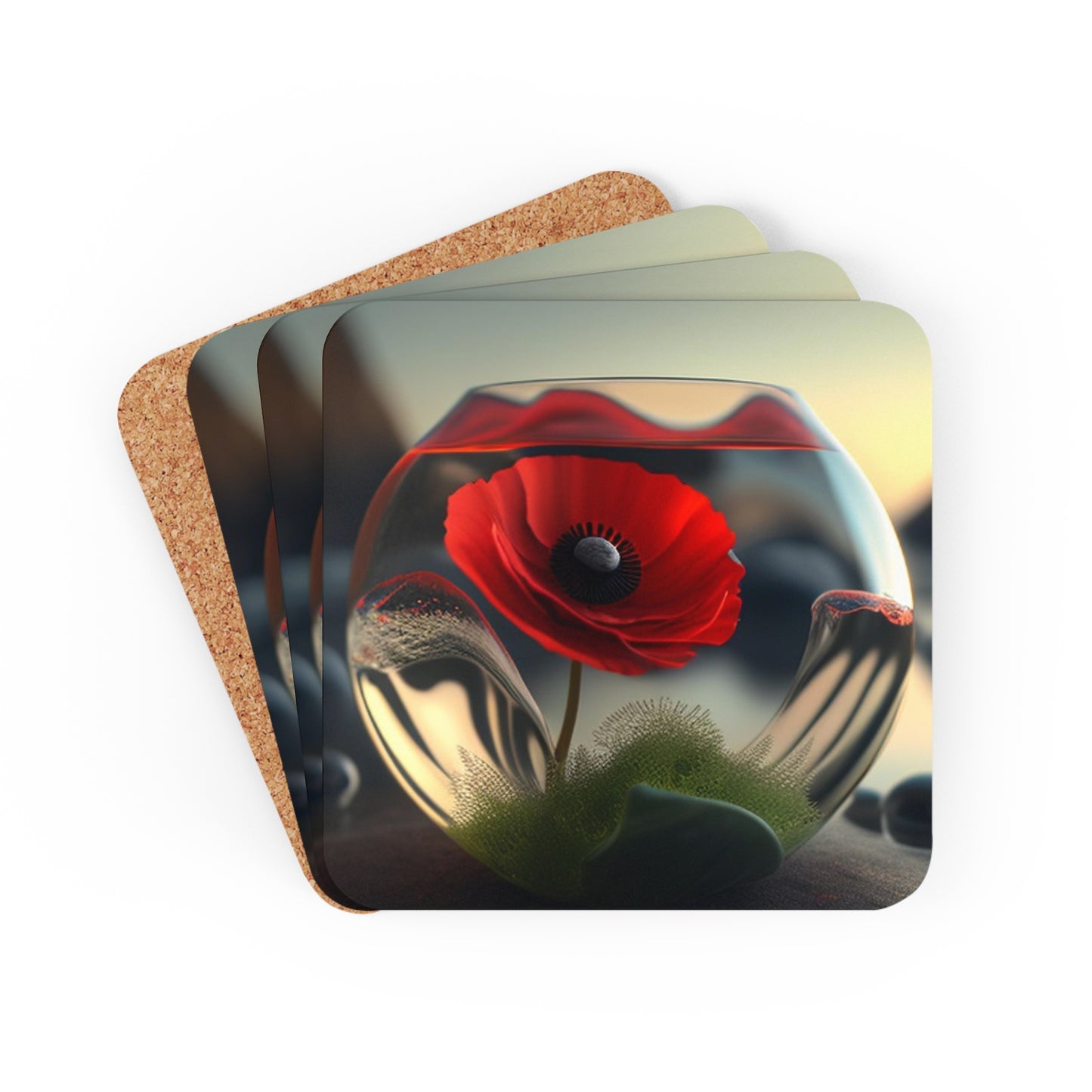 Corkwood Coaster Set Red Anemone in a Vase 3