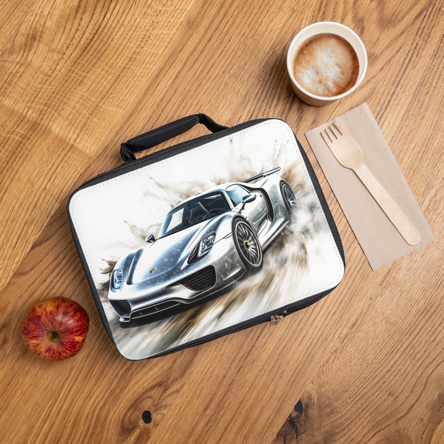 Lunch Bag 918 Spyder white background driving fast with water splashing 2