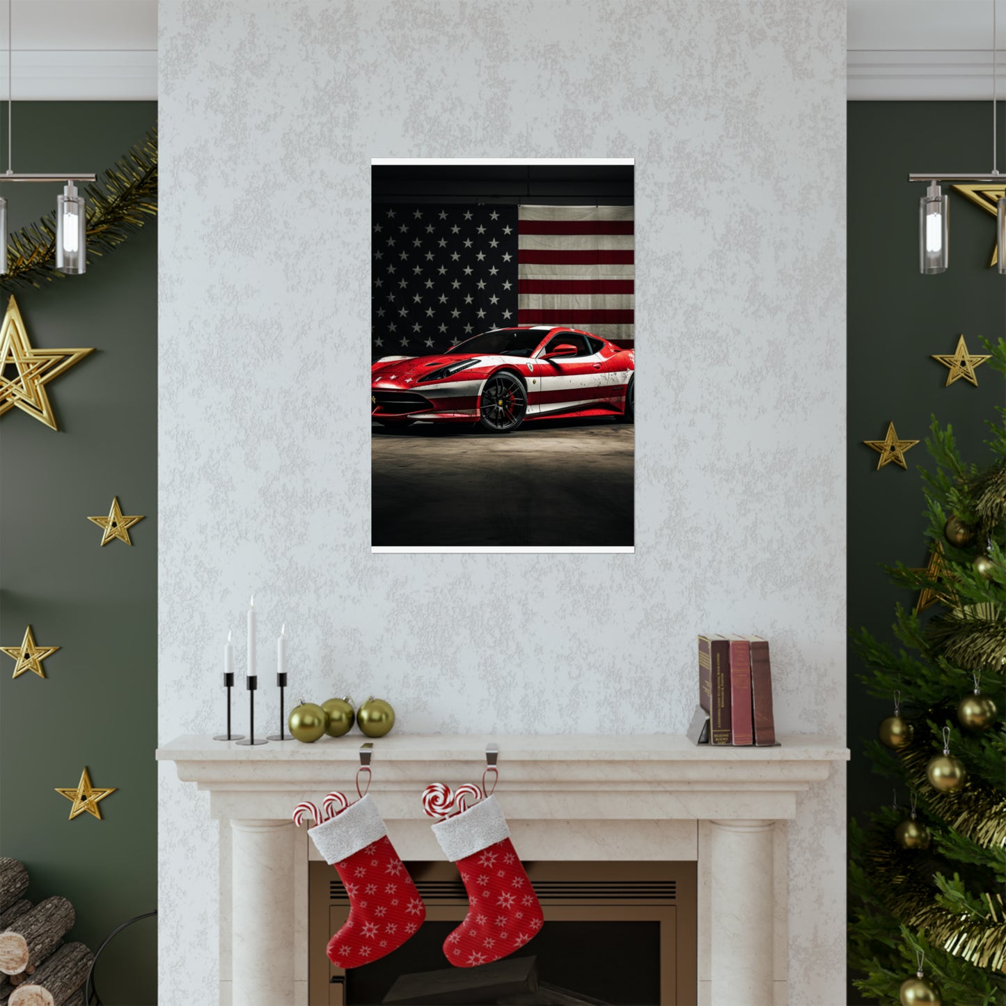 Premium Matte Vertical Posters American Flag Background Ferrari 1