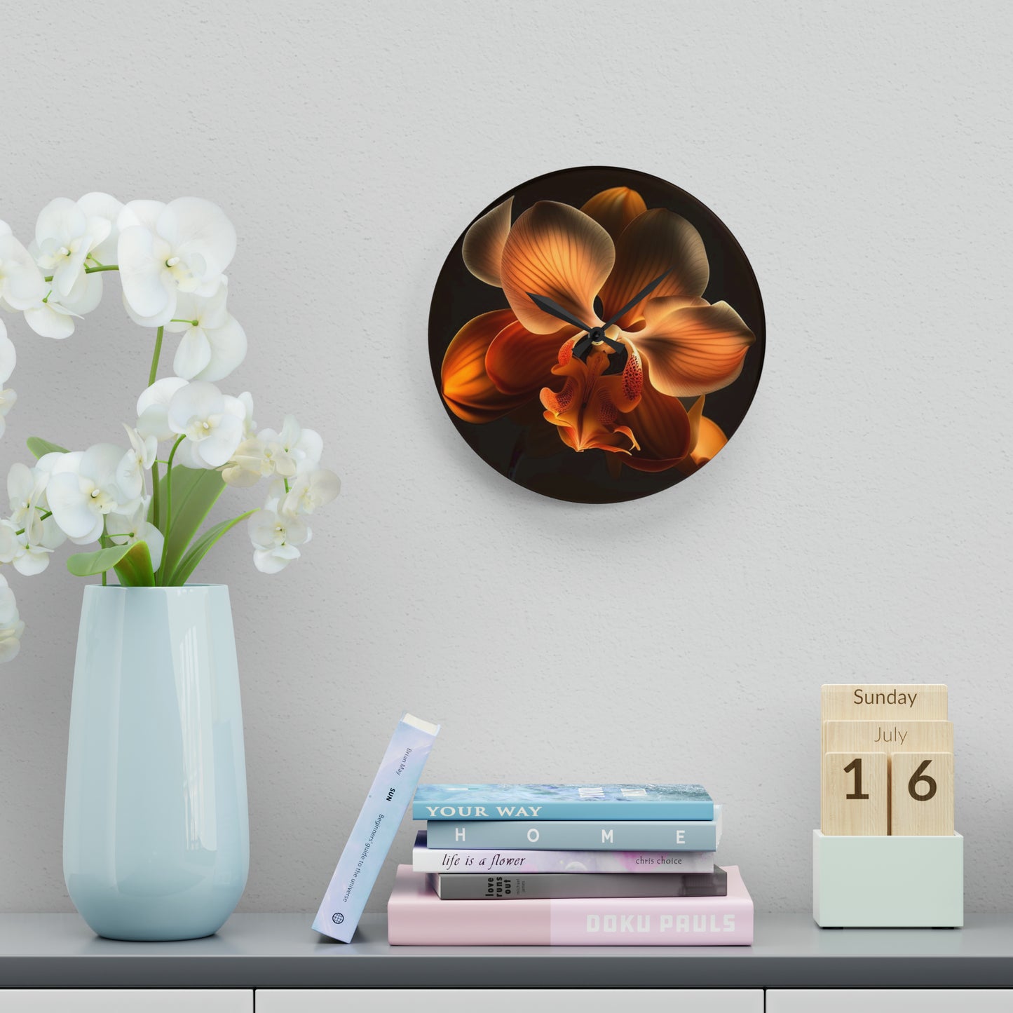 Acrylic Wall Clock Orange Orchid 2