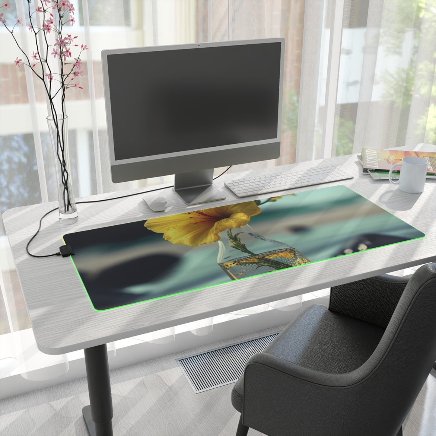 LED Gaming Mouse Pad Yellow Hibiscus glass 3