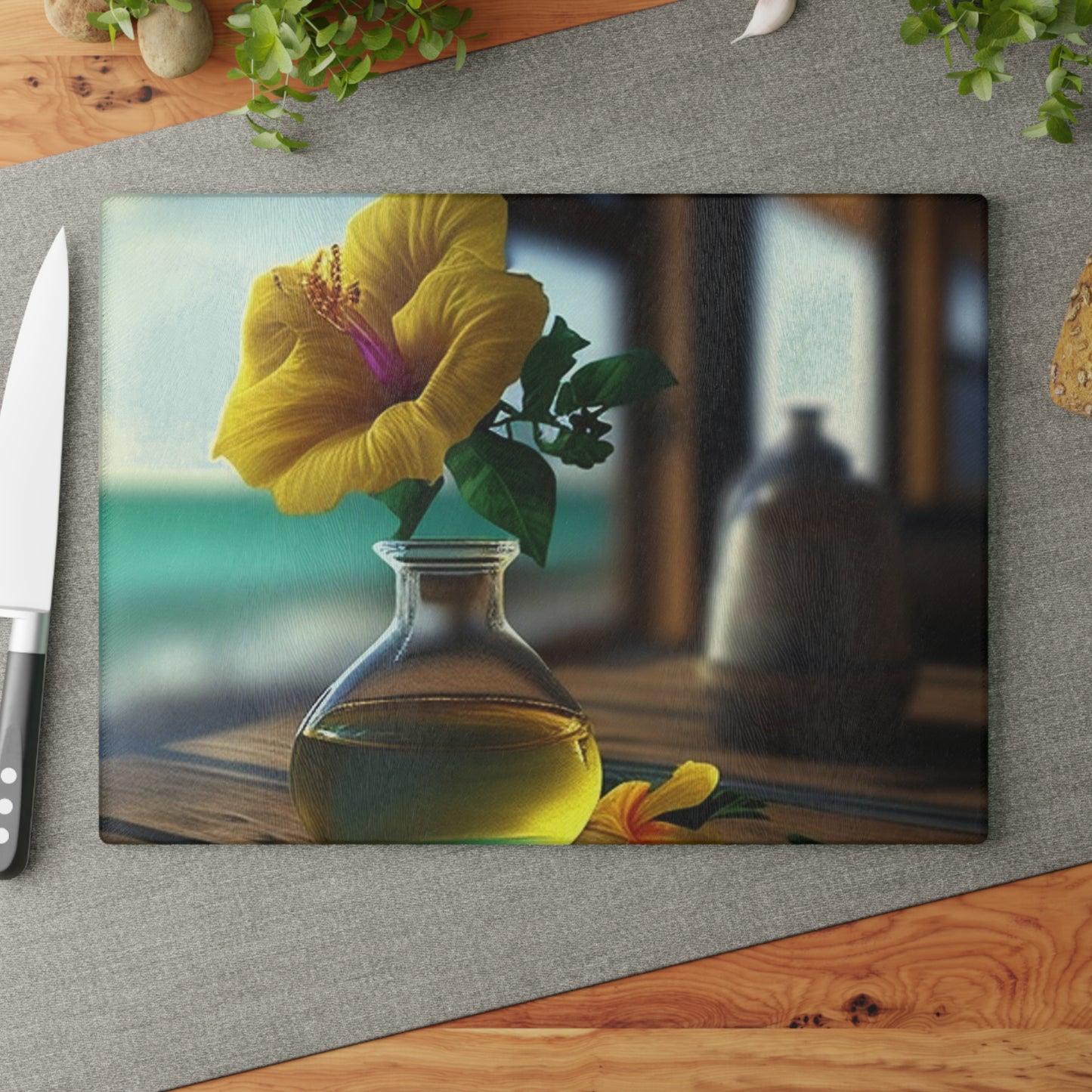 Glass Cutting Board Yellow Hibiscus Wood 1