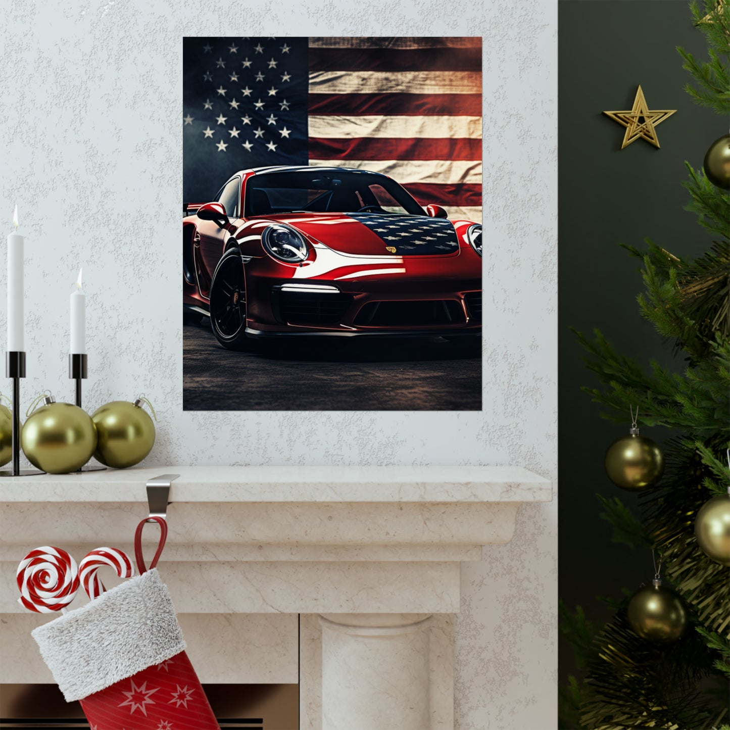 Premium Matte Vertical Posters American Flag Background Porsche 2