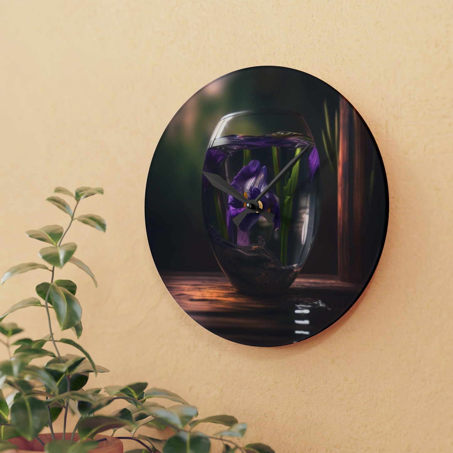 Acrylic Wall Clock Purple Iris in a vase 4