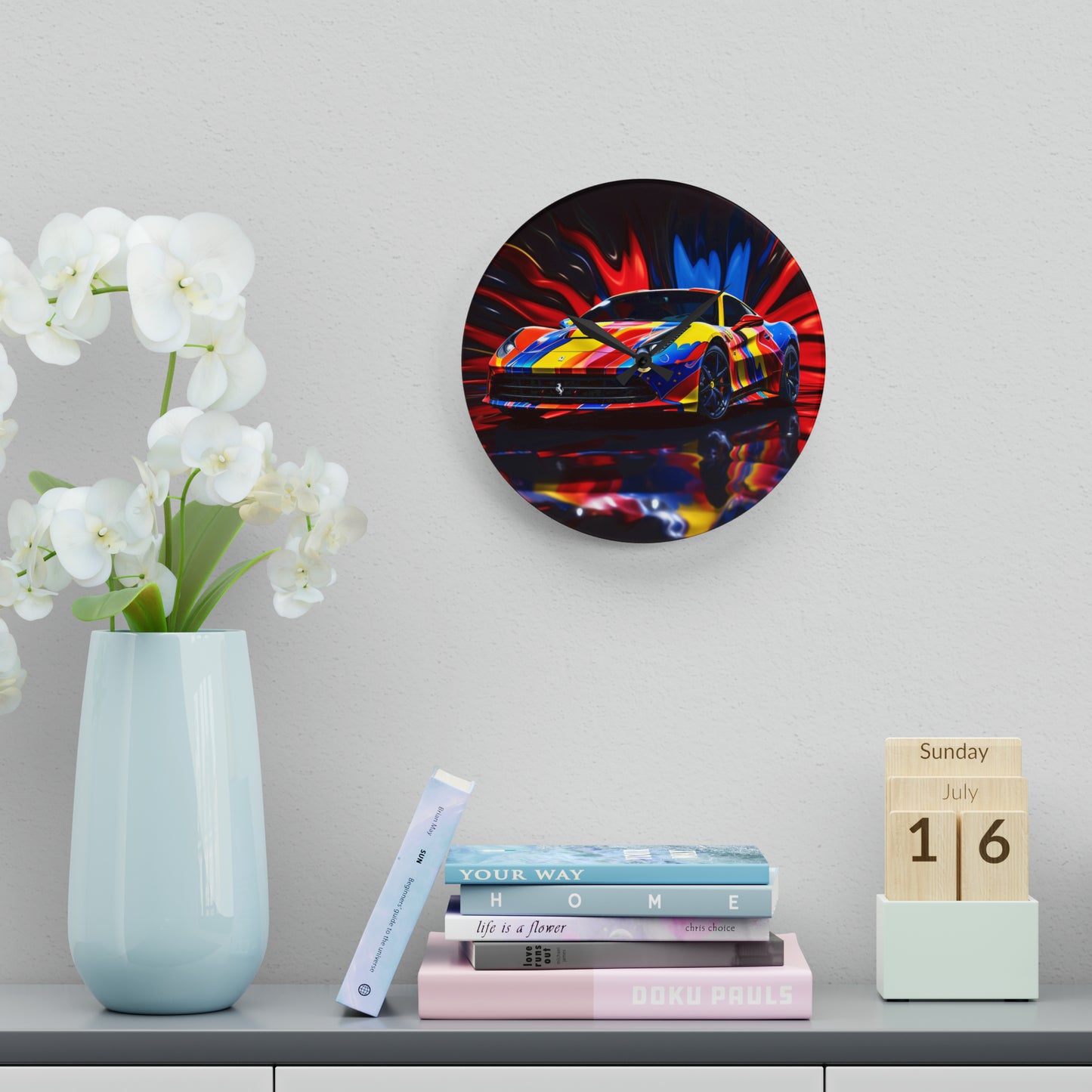 Acrylic Wall Clock Hyper Colorfull Ferrari 1