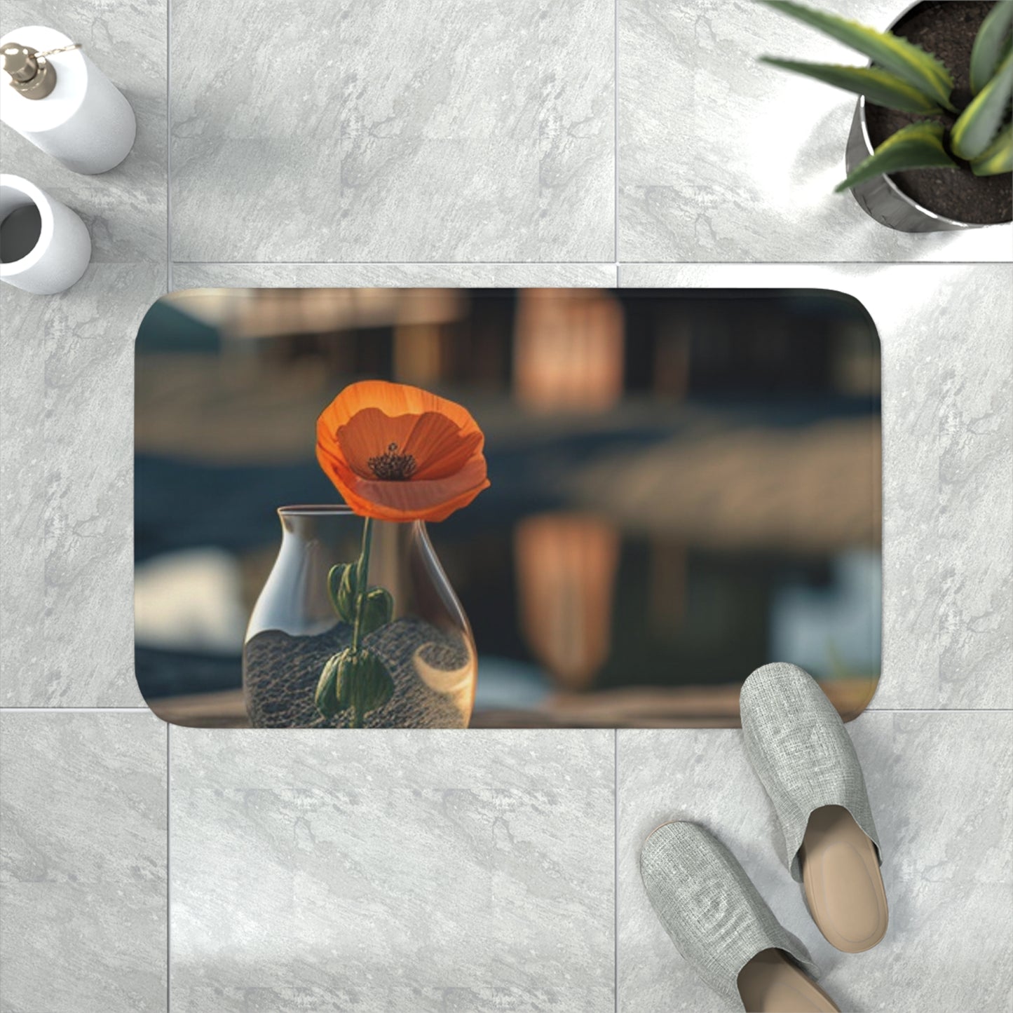 Memory Foam Bath Mat Orange Poppy in a Vase 4