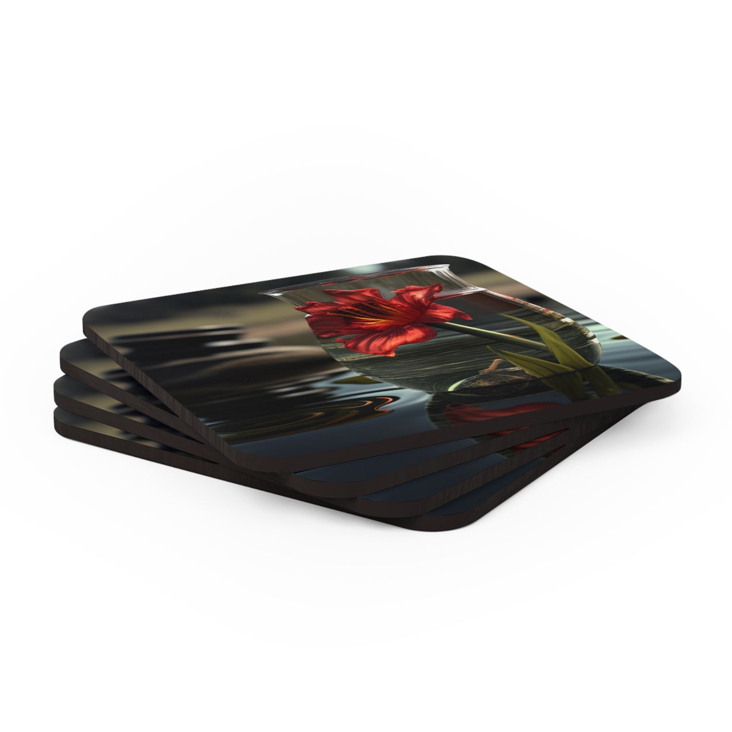 Corkwood Coaster Set Red Lily in a Glass vase 4