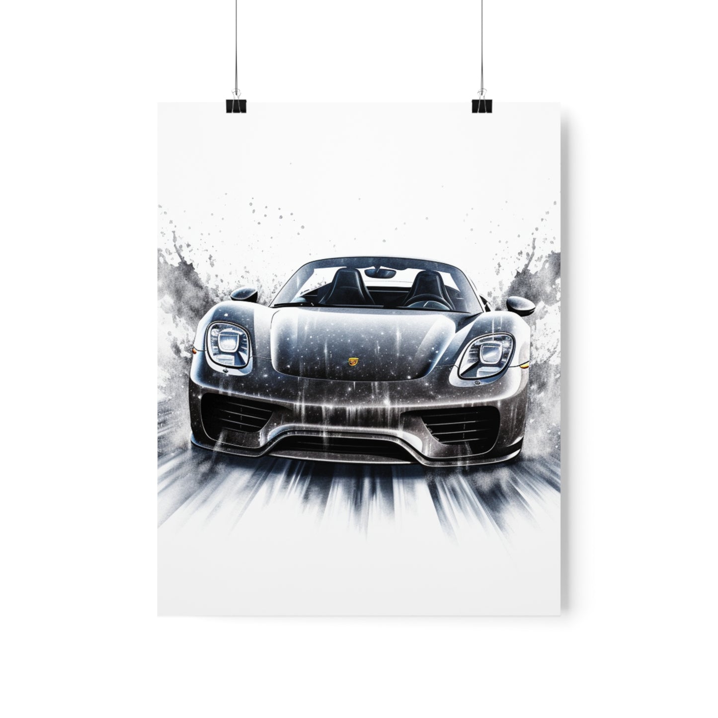 Premium Matte Vertical Posters 918 Spyder white background driving fast with water splashing 3