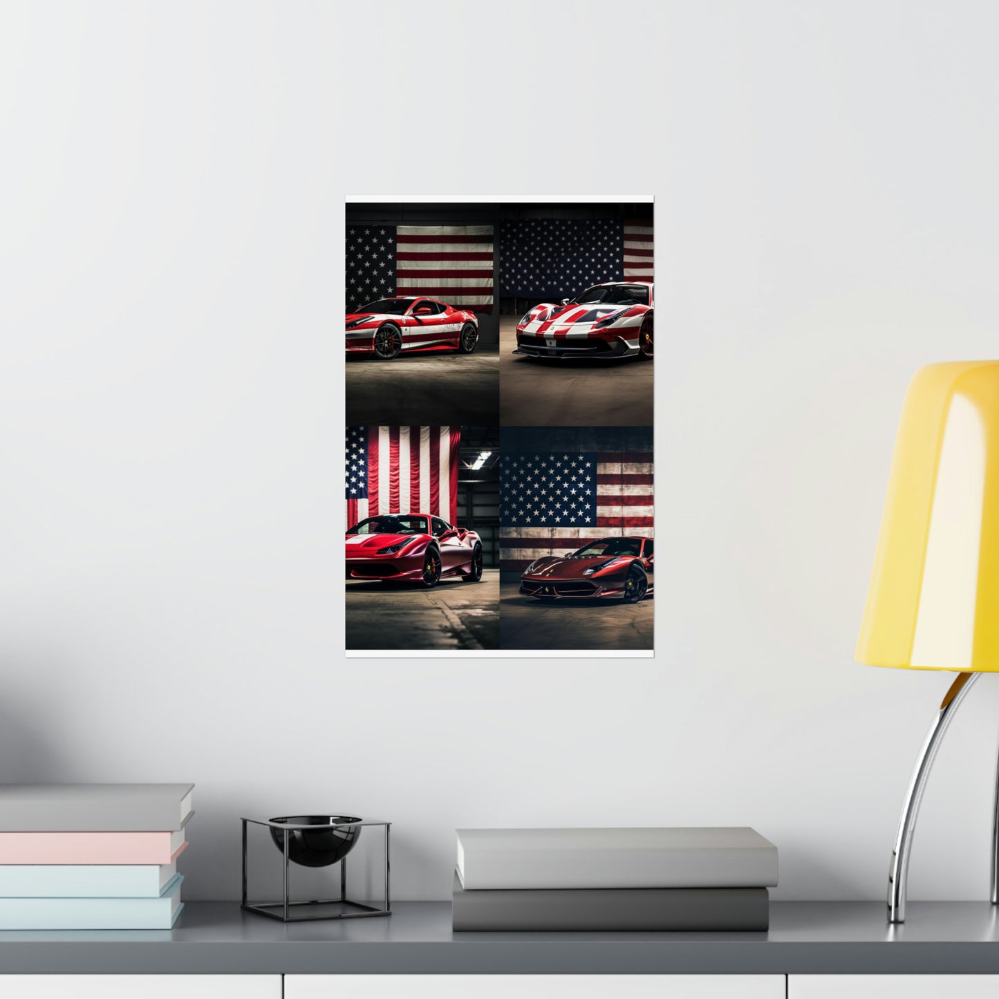 Premium Matte Vertical Posters American Flag Background Ferrari 5